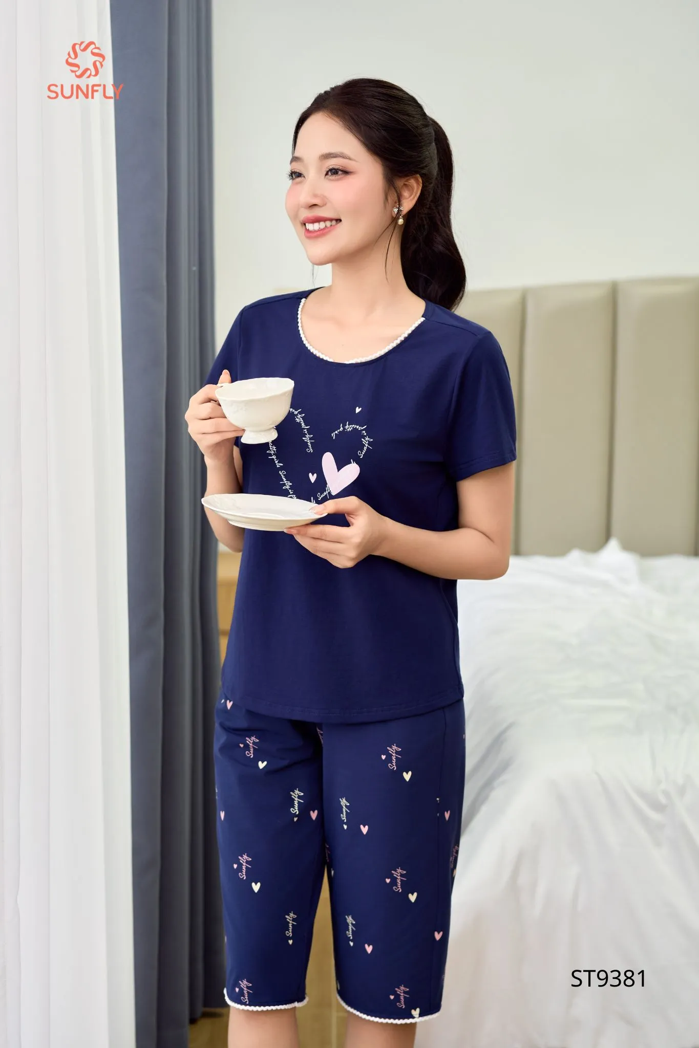 Đồ bộ mặc nhà nữ cotton USA áo cộc quần ngố ST9381 XL xanh tím than