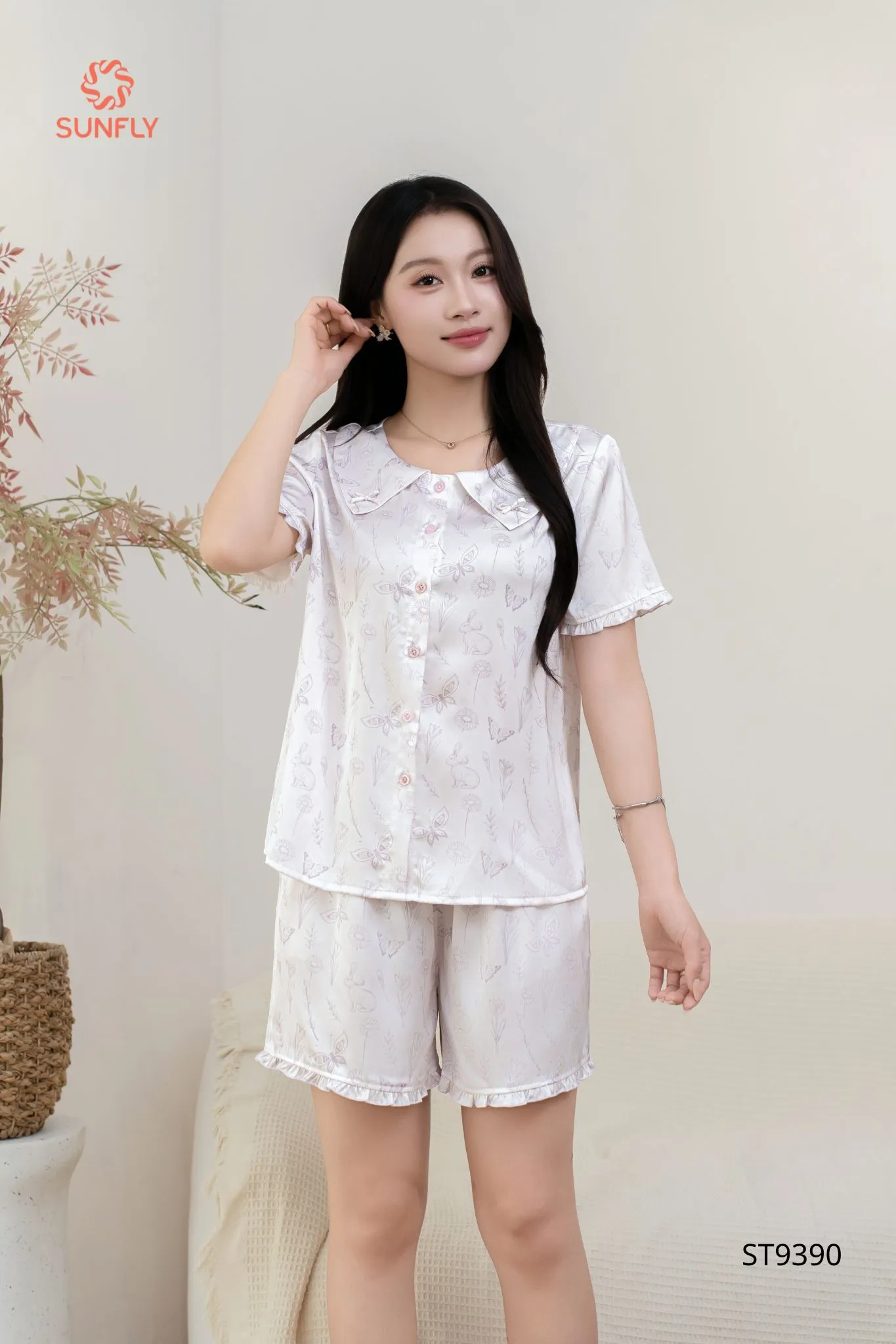 Bộ pijama nữ lụa latin áo cộc quần sooc ST9390
