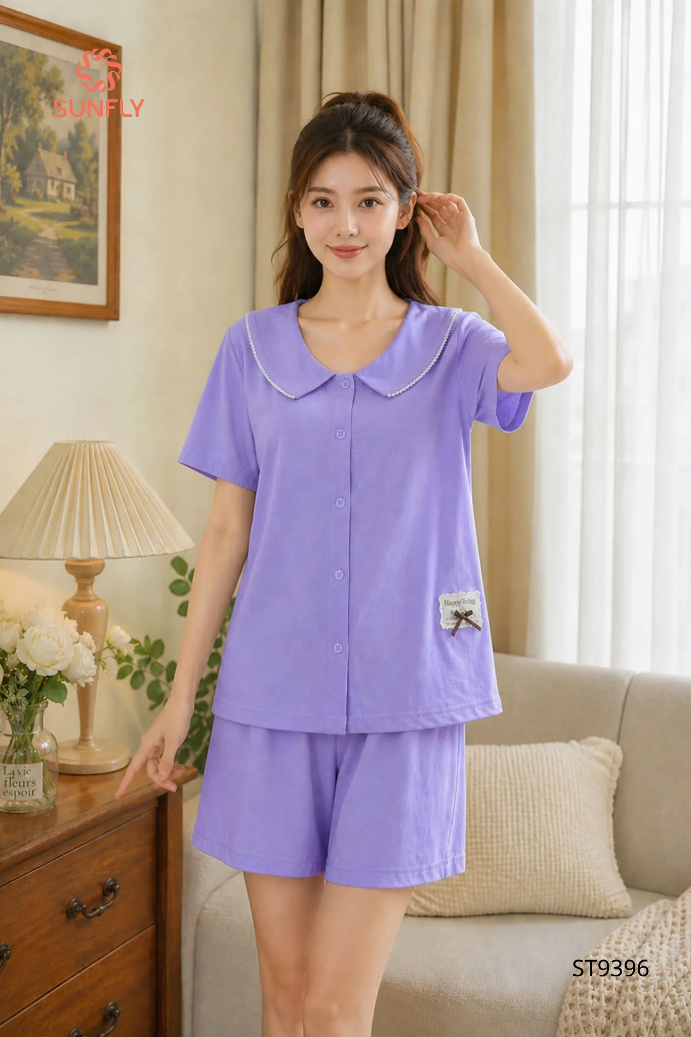 Bộ pijama nữ cotton compact áo cộc quần sooc ST9396 XL tím oải hương