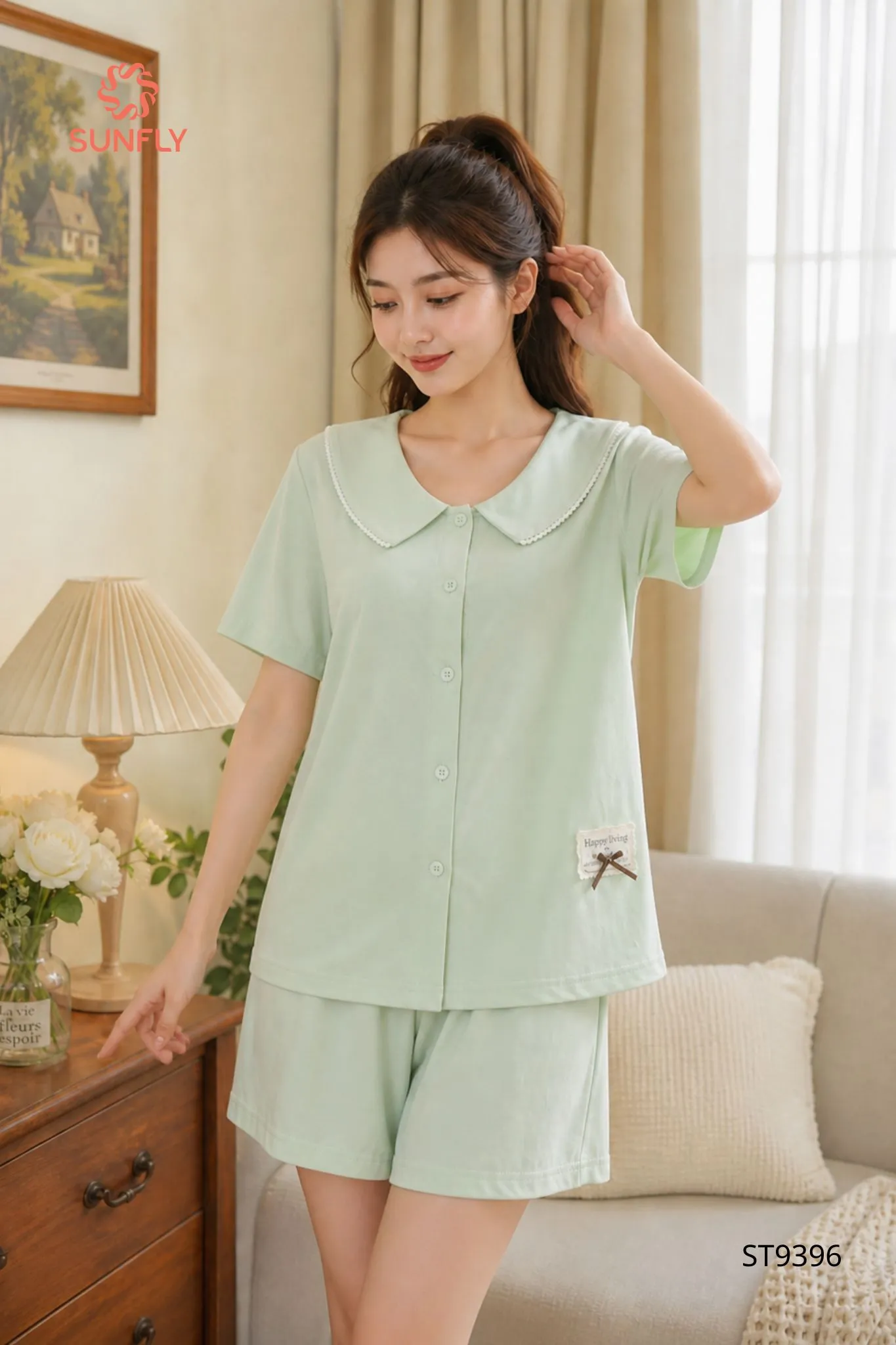 Bộ pijama nữ cotton compact áo cộc quần sooc ST9396 XL xanh thủy tinh