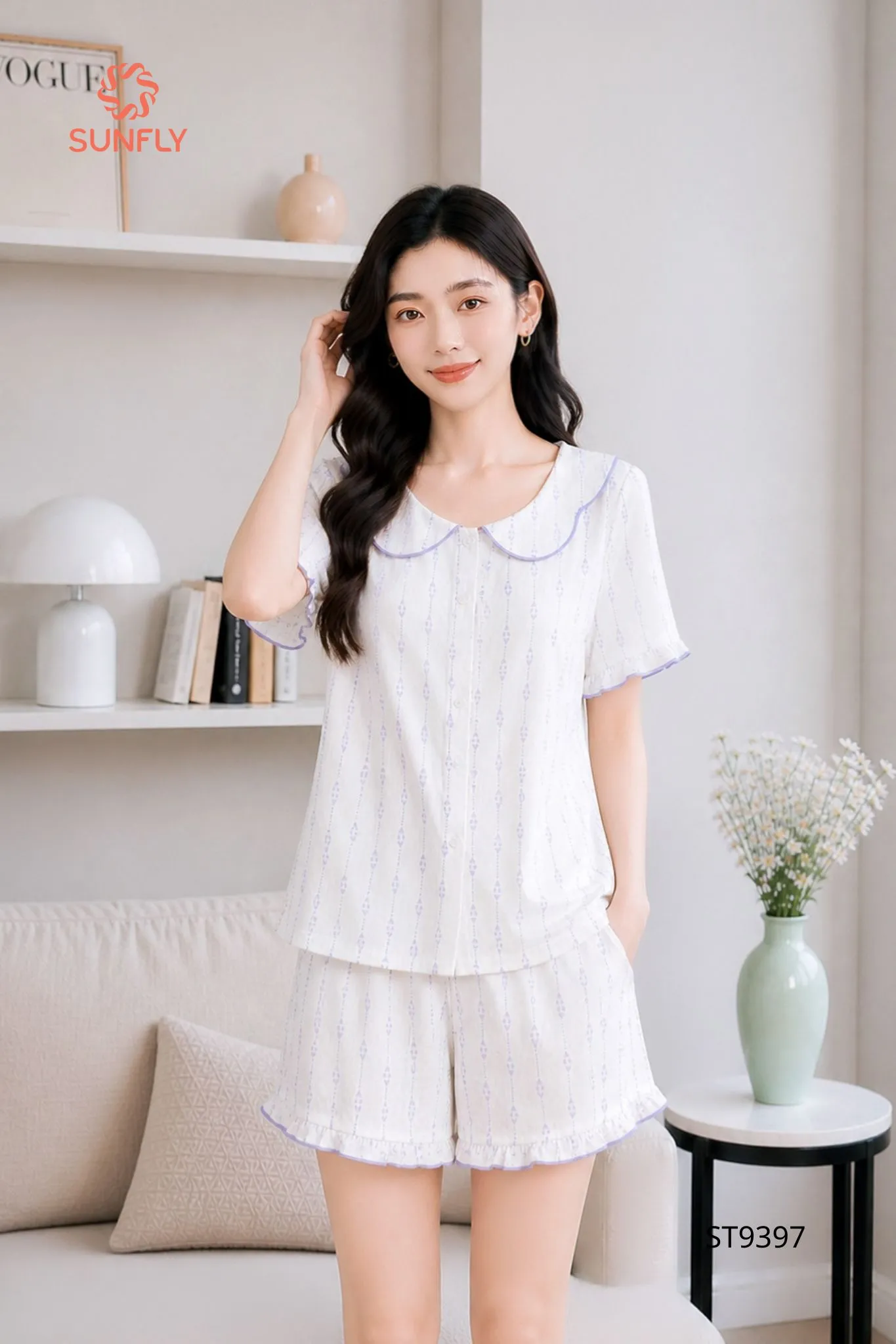 Bộ pijama nữ đũi áo cộc quần sooc ST9397 L ht tim tím