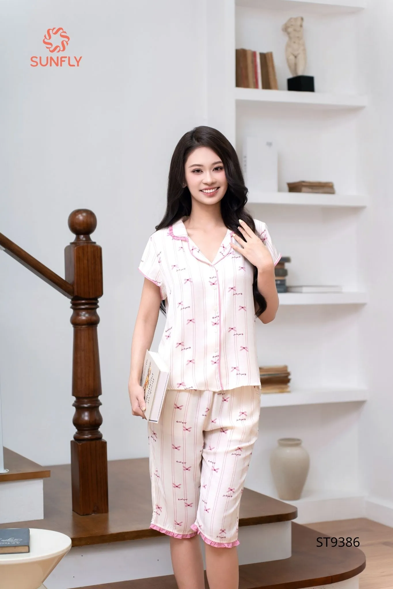 Bộ pijama nữ đũi áo cộc quần ngố ST9386 L ht nơ hồng