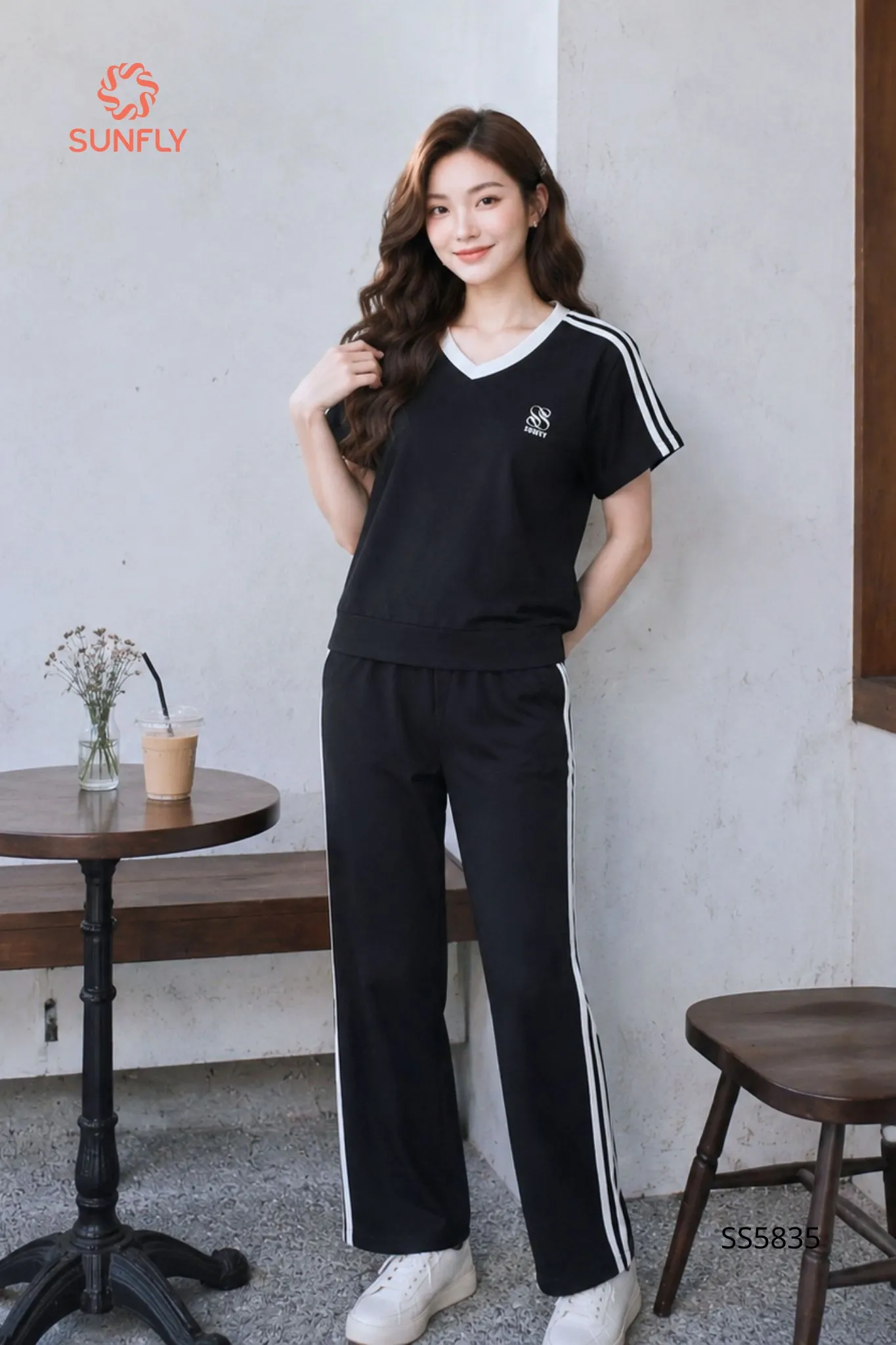 Bộ thể thao nữ cotton compact áo cộc quần dài SS5835 L đen