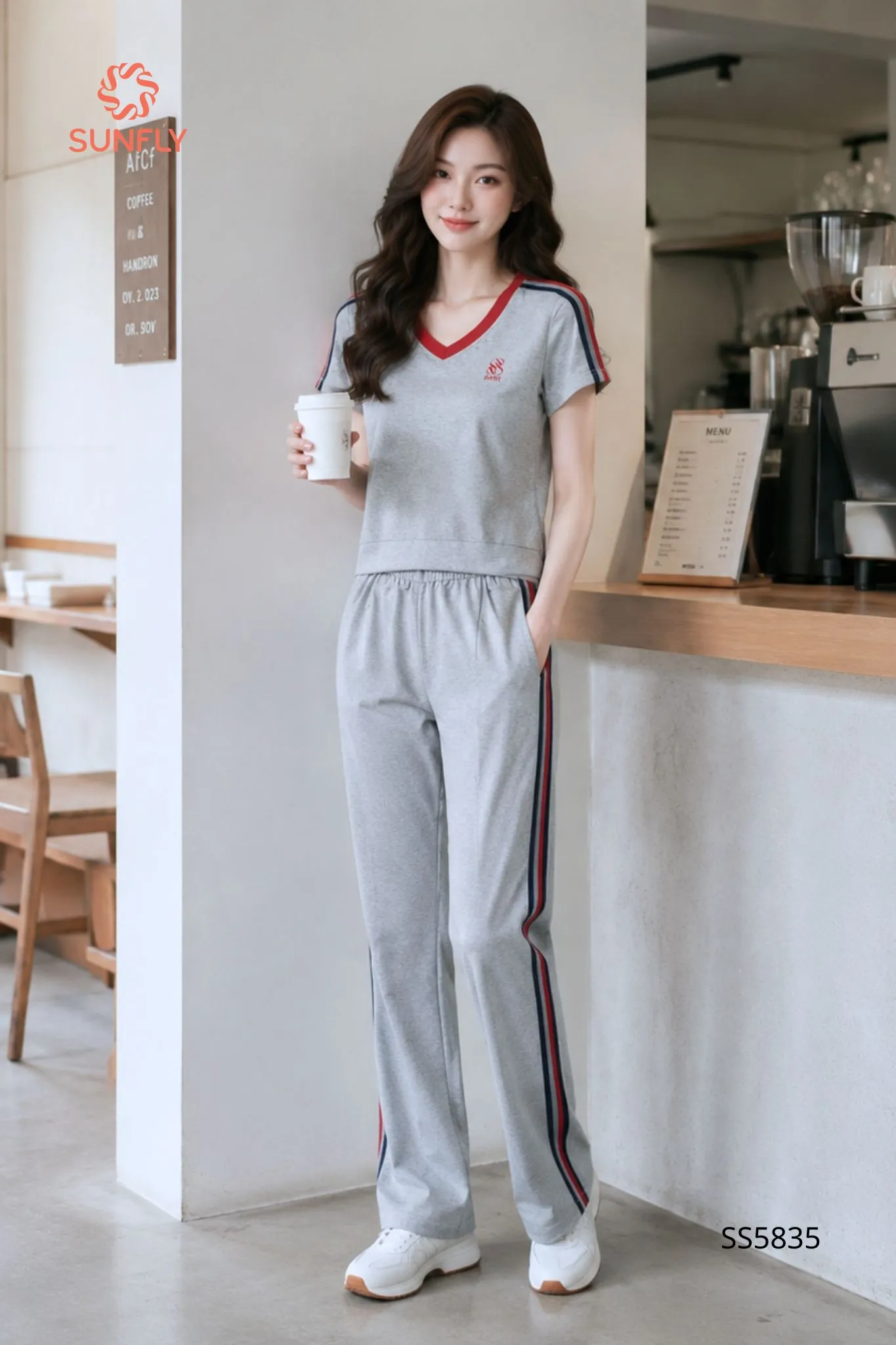 Bộ thể thao nữ cotton compact áo cộc quần dài SS5835 L xám tiêu