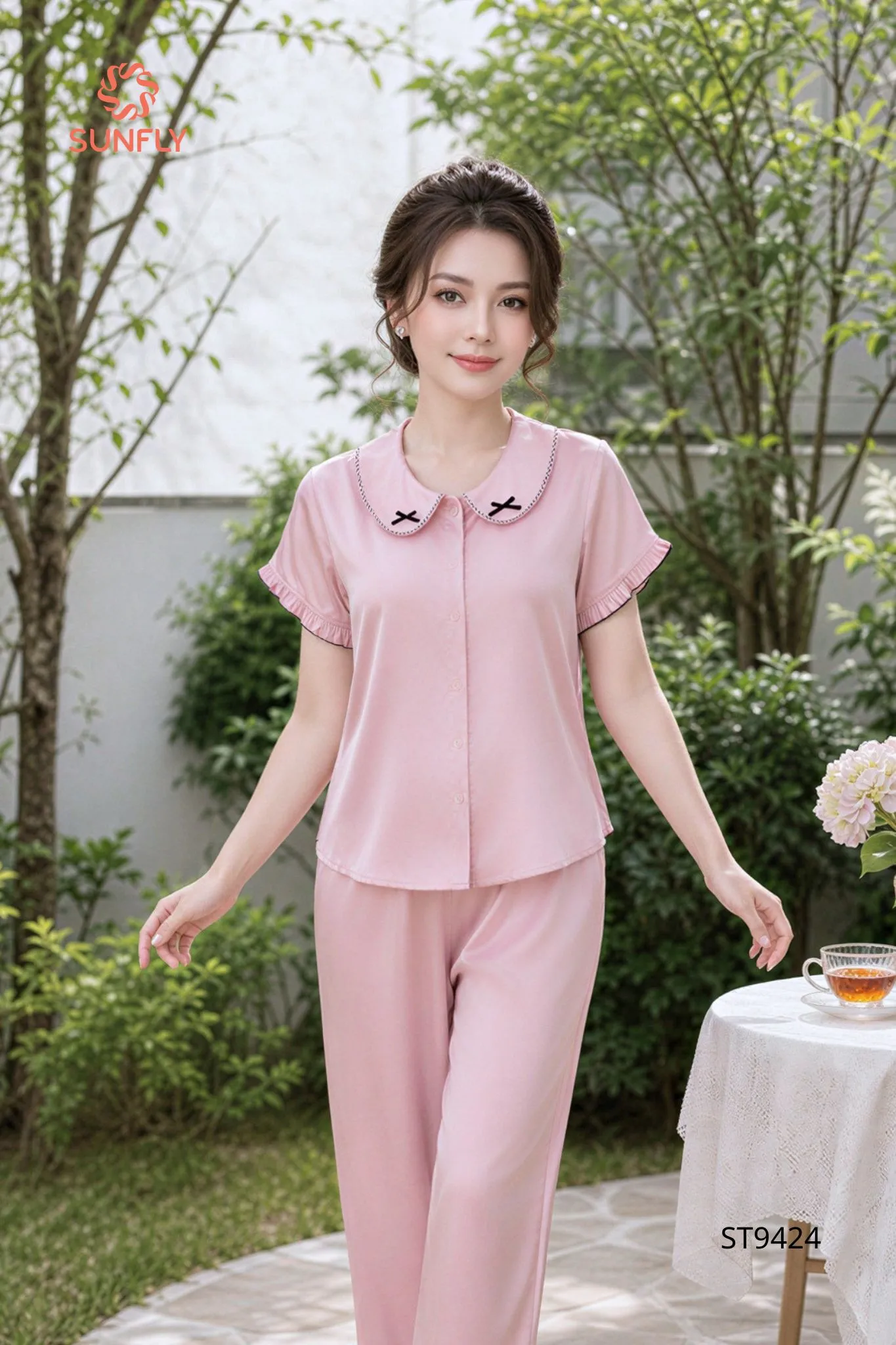 Bộ pijama nữ lụa latin màu áo cộc quần dài ST9424 L hồng san hô