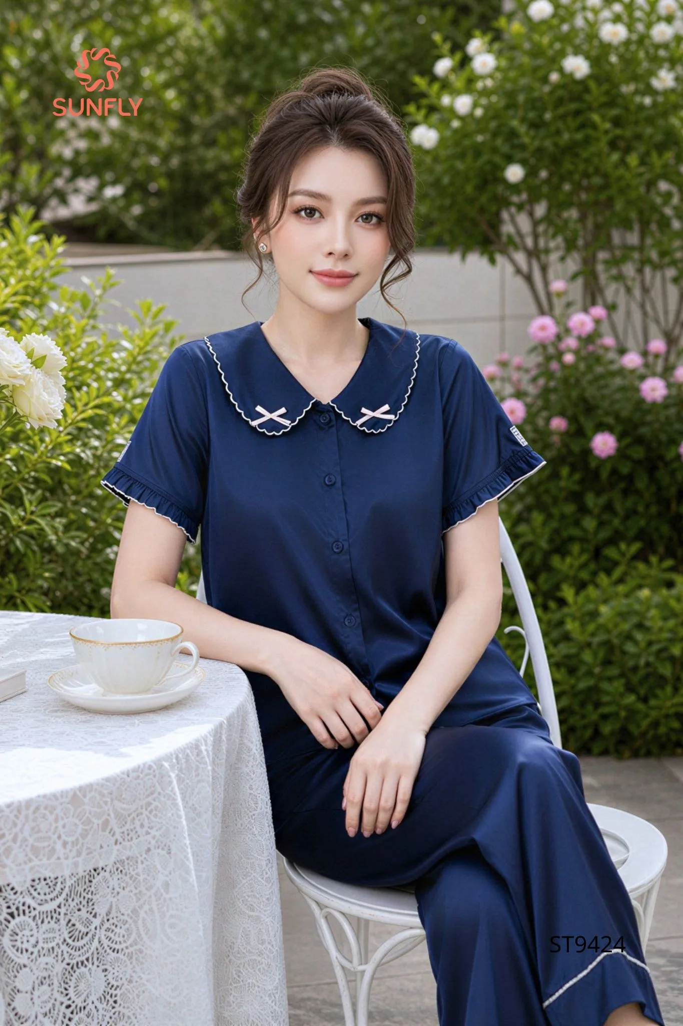 Bộ pijama nữ lụa latin màu áo cộc quần dài ST9424 L xanh tím than