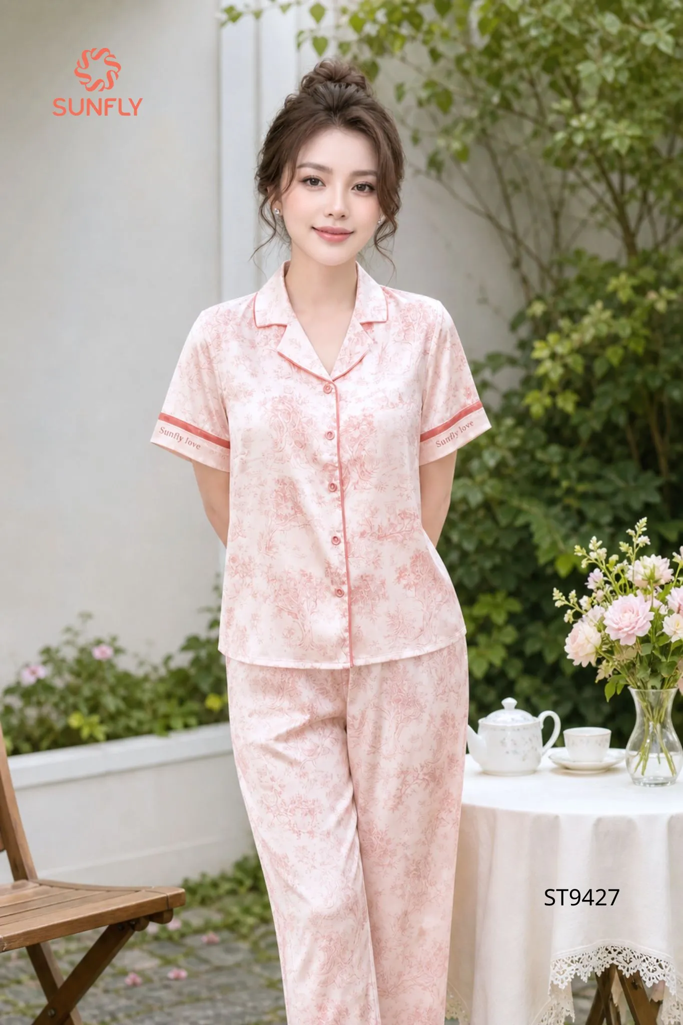 Bộ pijama nữ lụa latin in ht áo cộc quần dài ST9427