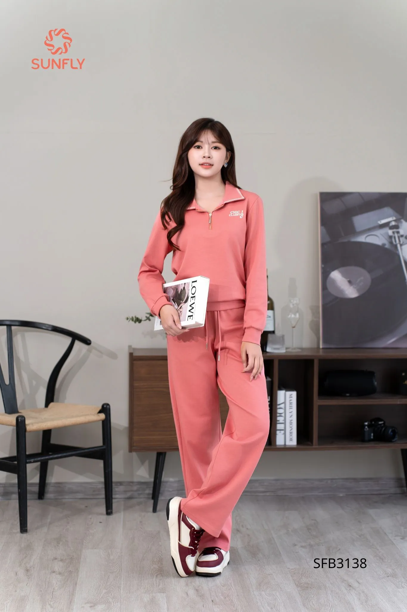 Set đồ nữ poly 2da áo dài cổ bẻ khóa lửng quần dài SFB3138
