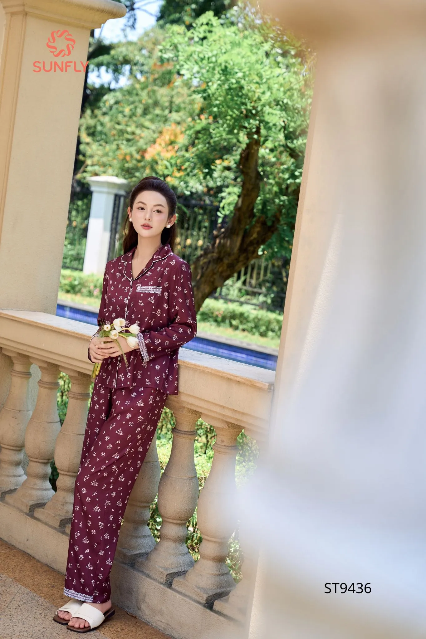 Bộ pijama nữ lụa latin áo dài quần dài ST9436