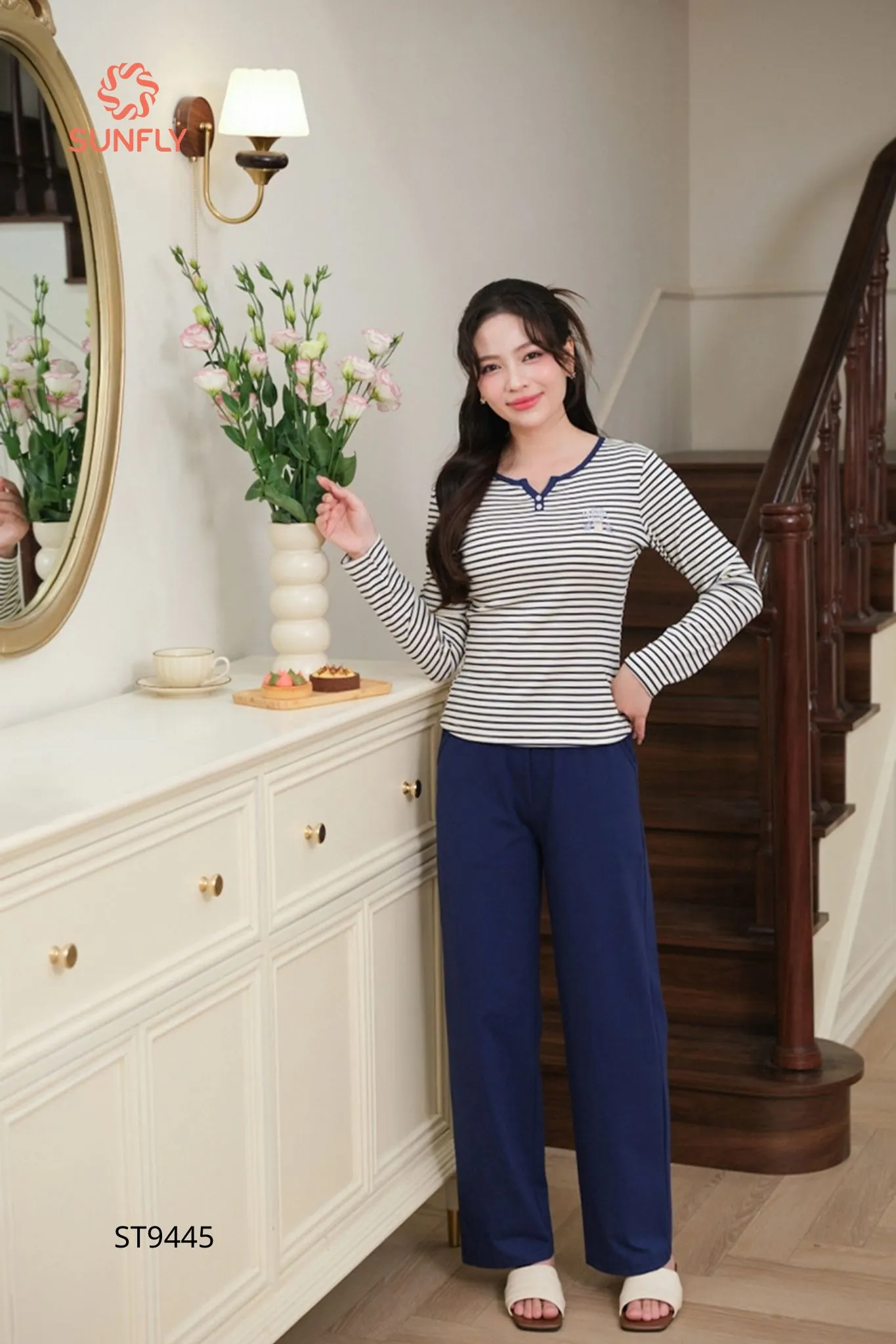 Đồ bộ mặc nhà nữ áo kẻ cotton dài tay quần dài ST9445