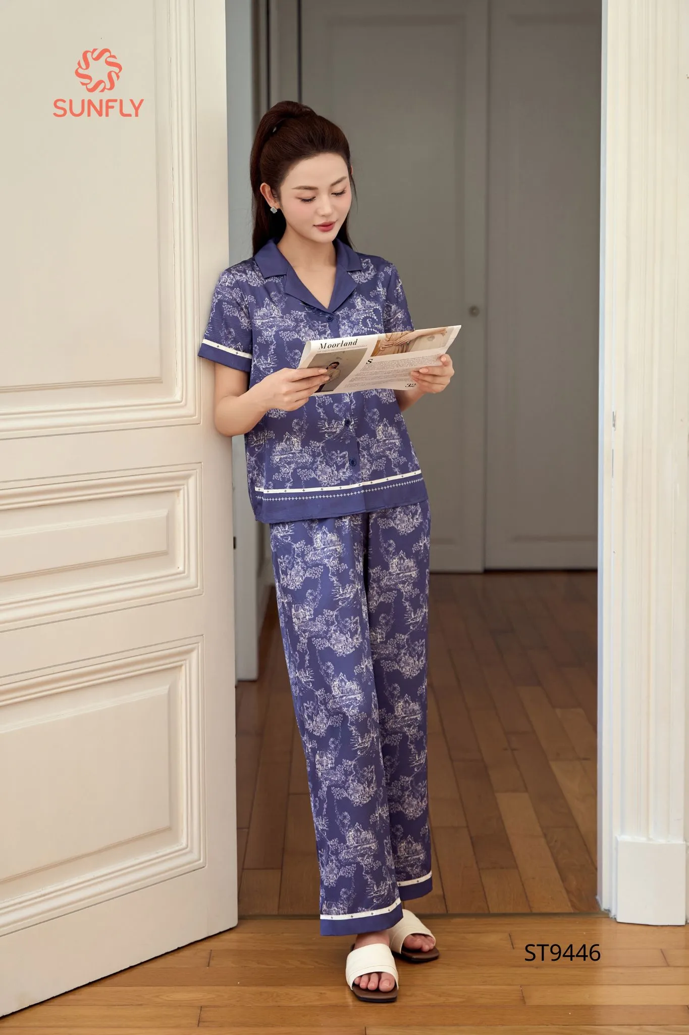 Bộ pijama nữ lụa latin in ht áo cộc quần dài ST9446