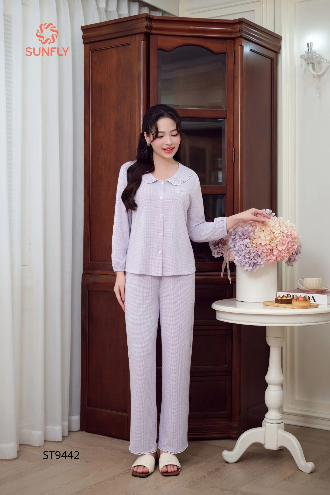 Bộ pijama dk jacquard caro áo tay lỡ quần dài ST9442