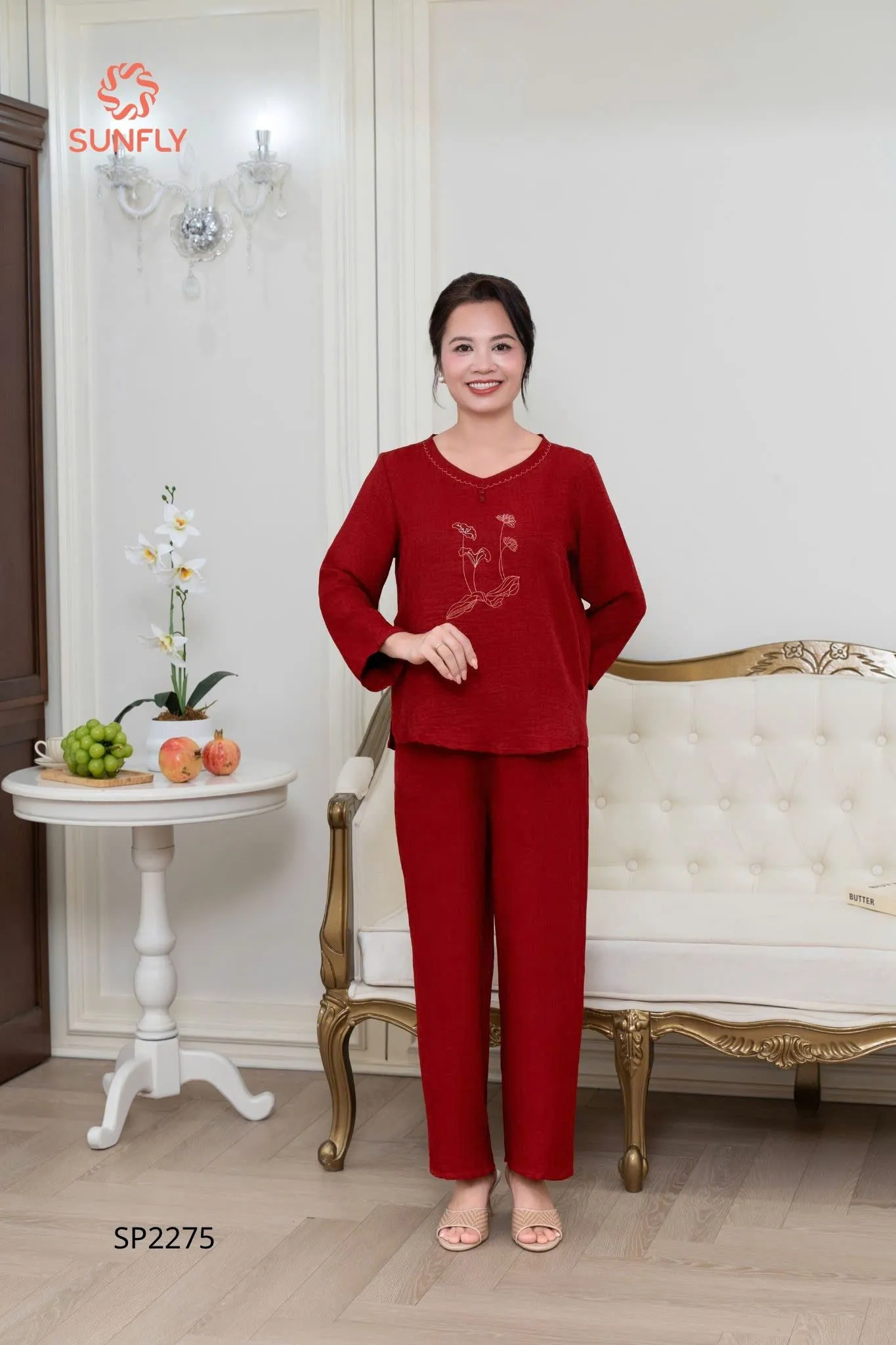 Đồ bộ mặc nhà nữ đũi vân mây áo tay lỡ quần dài SP2275
