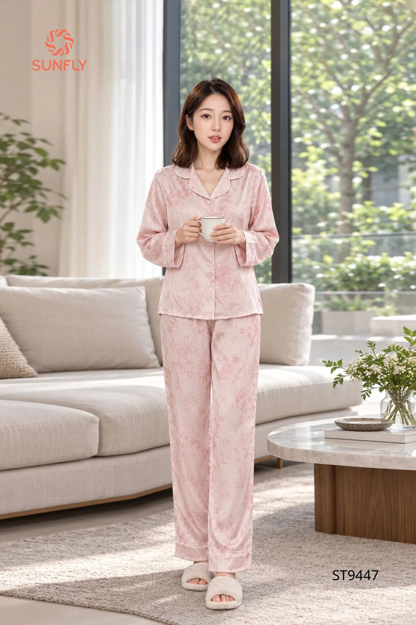 Bộ pijama nữ lụa latin in ht áo dài quần dài ST9447
