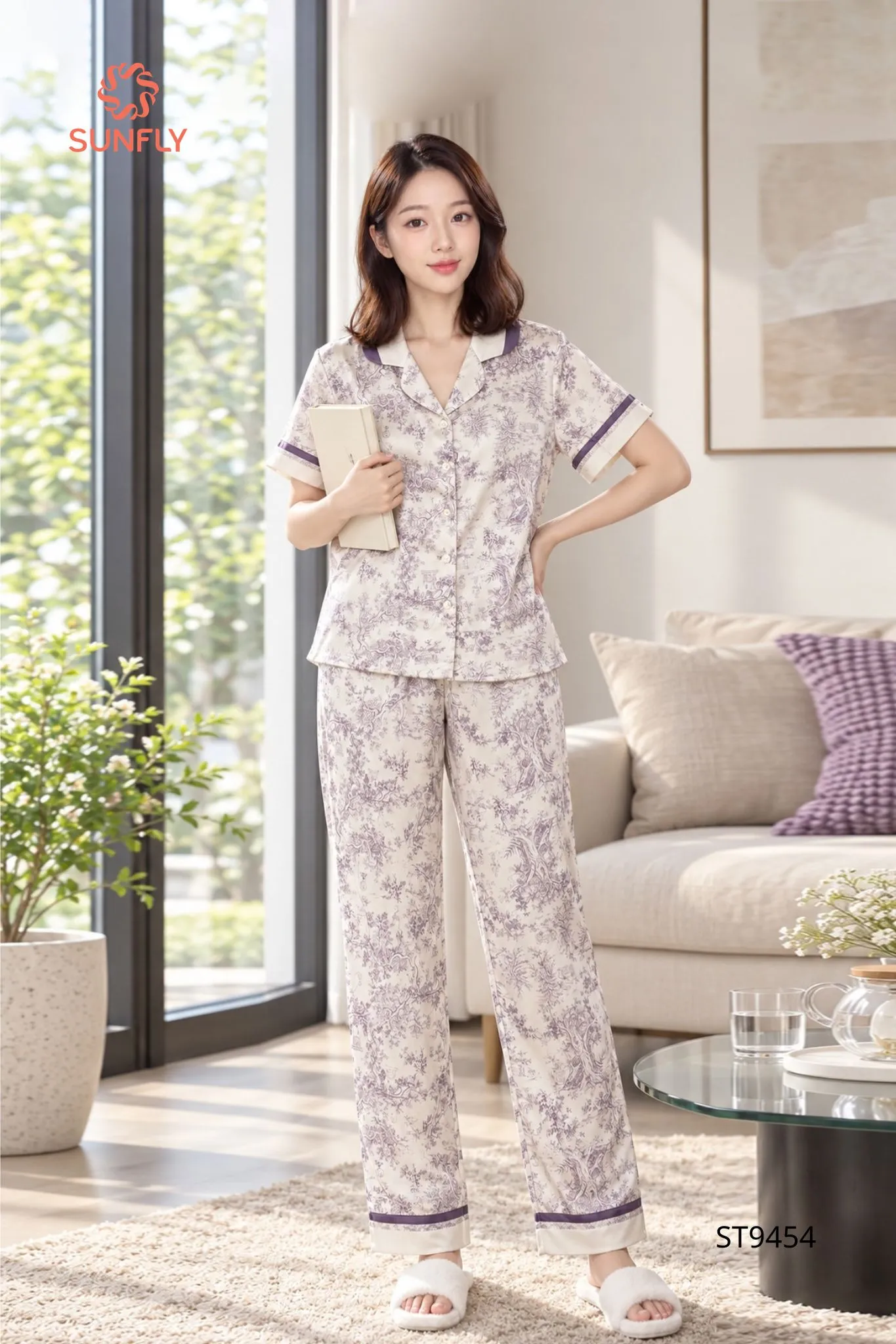 Bộ pijama nữ lụa latin in ht áo cộc quần dài ST9454