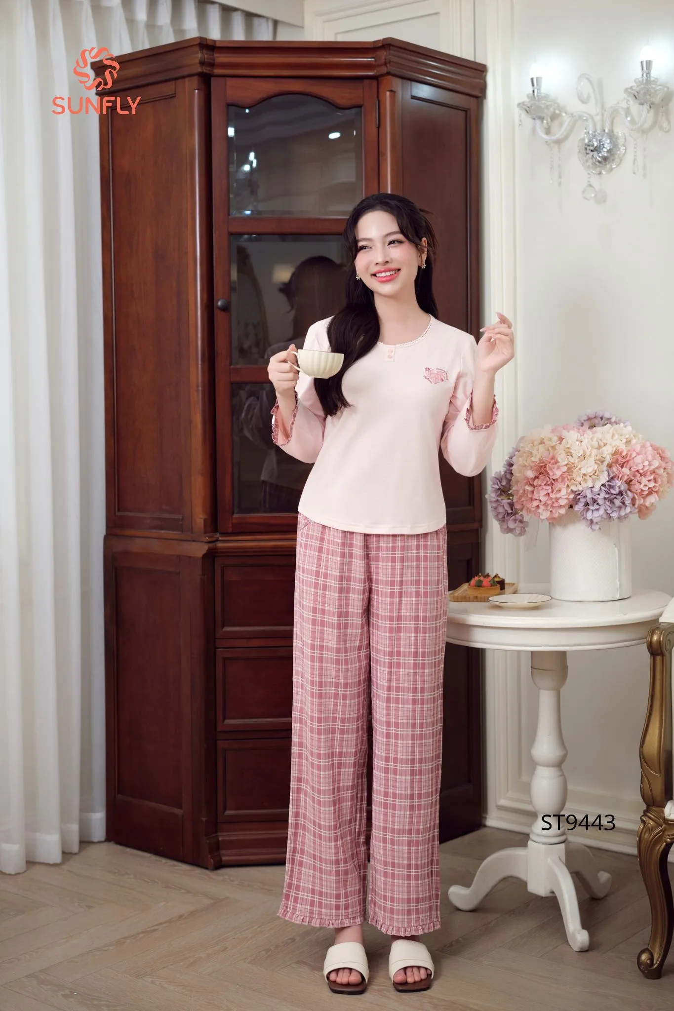 Đồ bộ mặc nhà nữ áo cotton dài tay quần dài kate ST9443