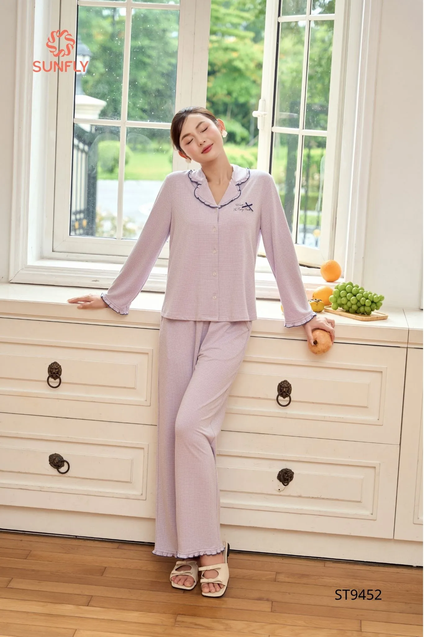 Bộ pijama nữ dk jacquard caro áo dài quần dài ST9452