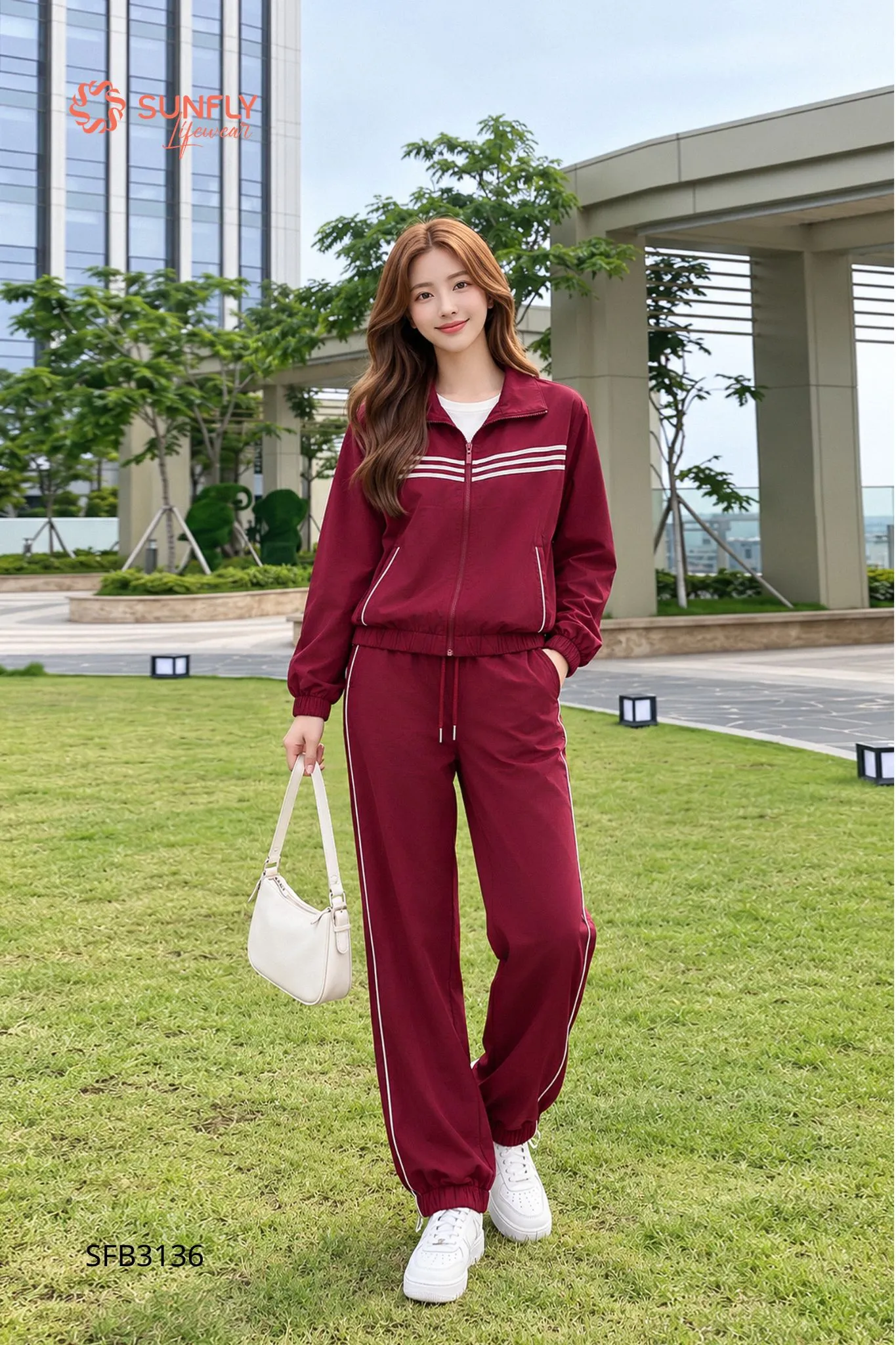 Set đồ nữ gió co giãn áo dài kéo khóa không mũ quần dài SFB3136