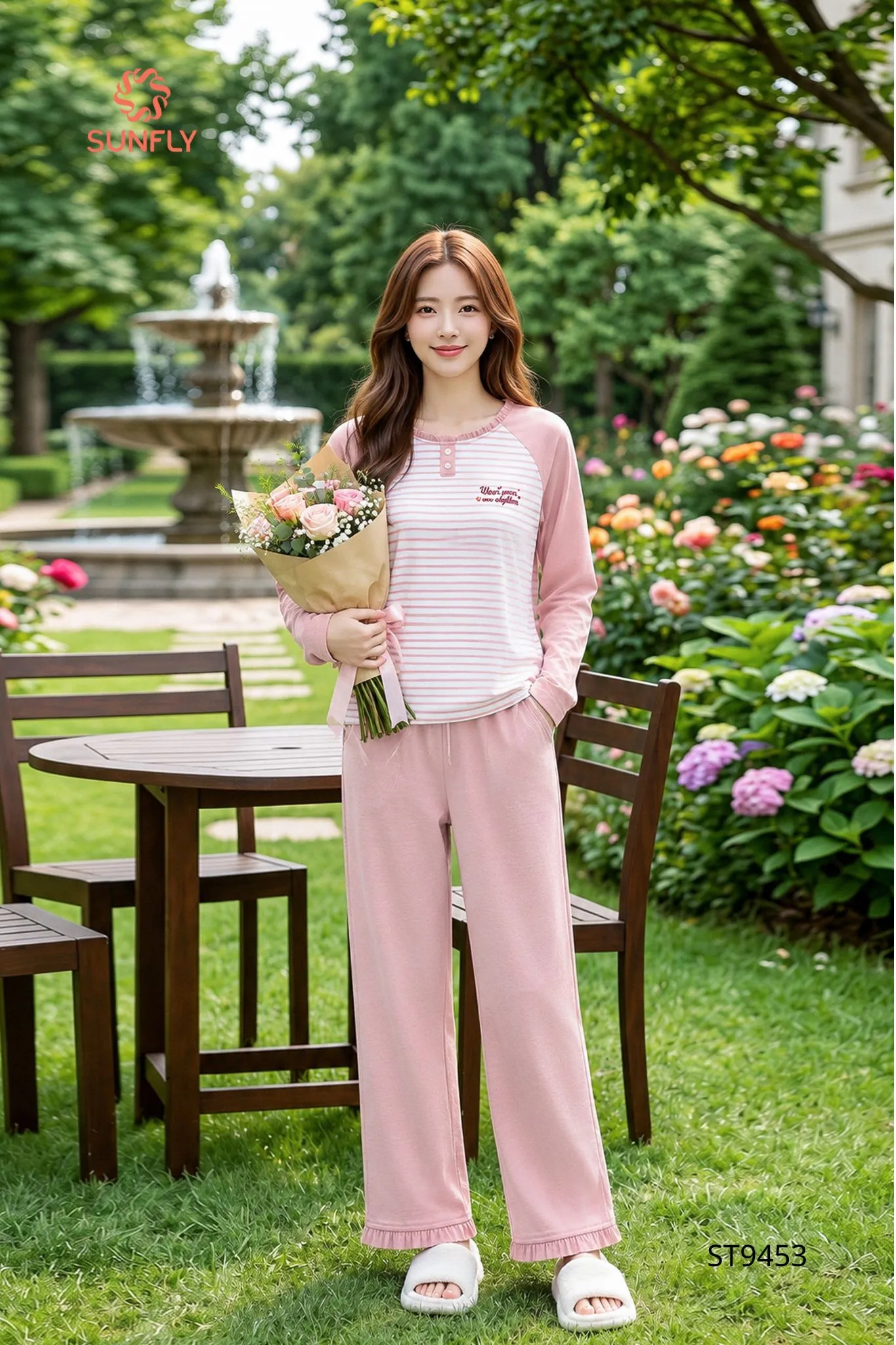 Đồ bộ mặc nhà nữ áo kẻ cotton dài tay quần dài ST9453
