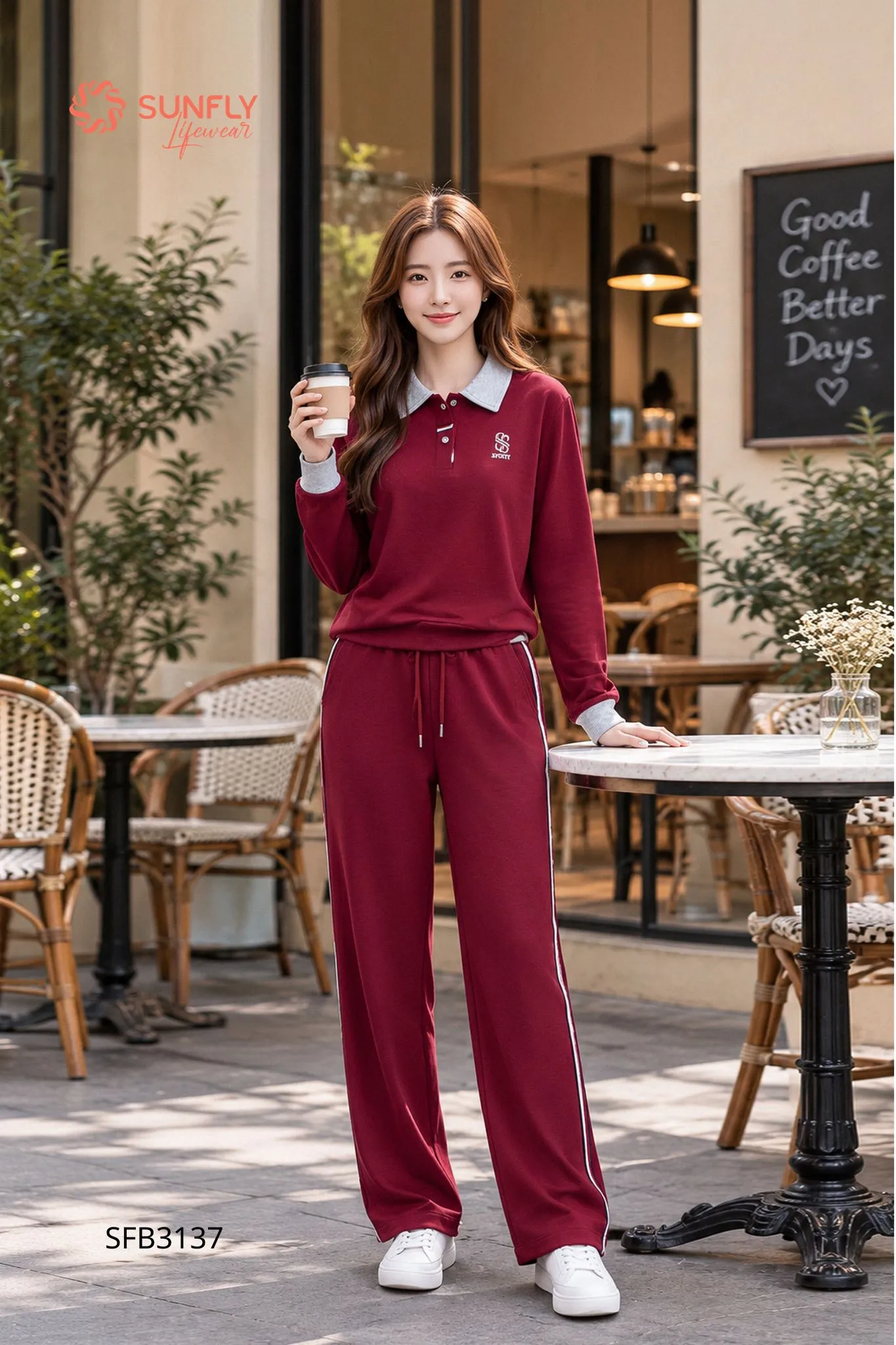 Set đồ nữ poly 2da áo dài cổ bẻ quần dài SFB3137