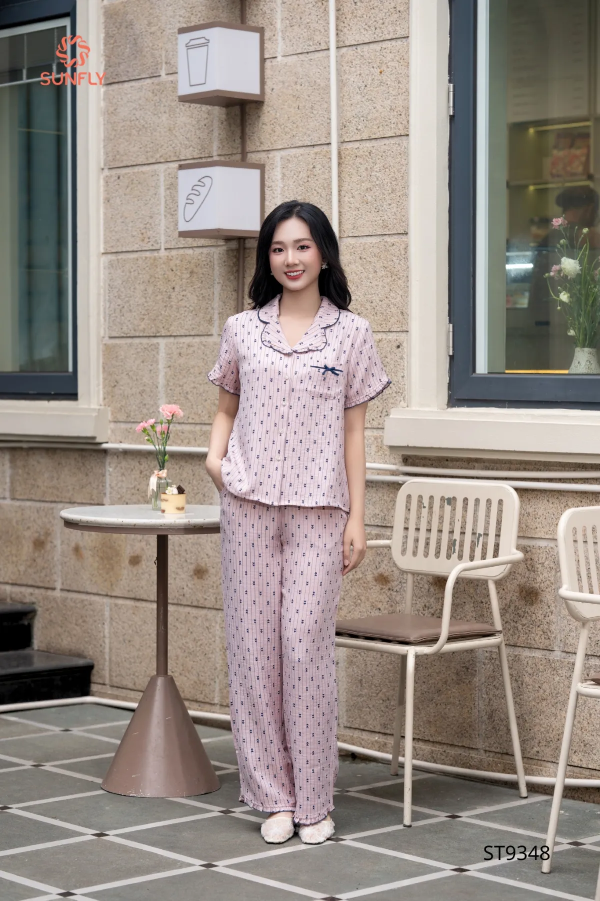 Bộ pijama nữ đũi vân mây áo cộc quần dài ST9348