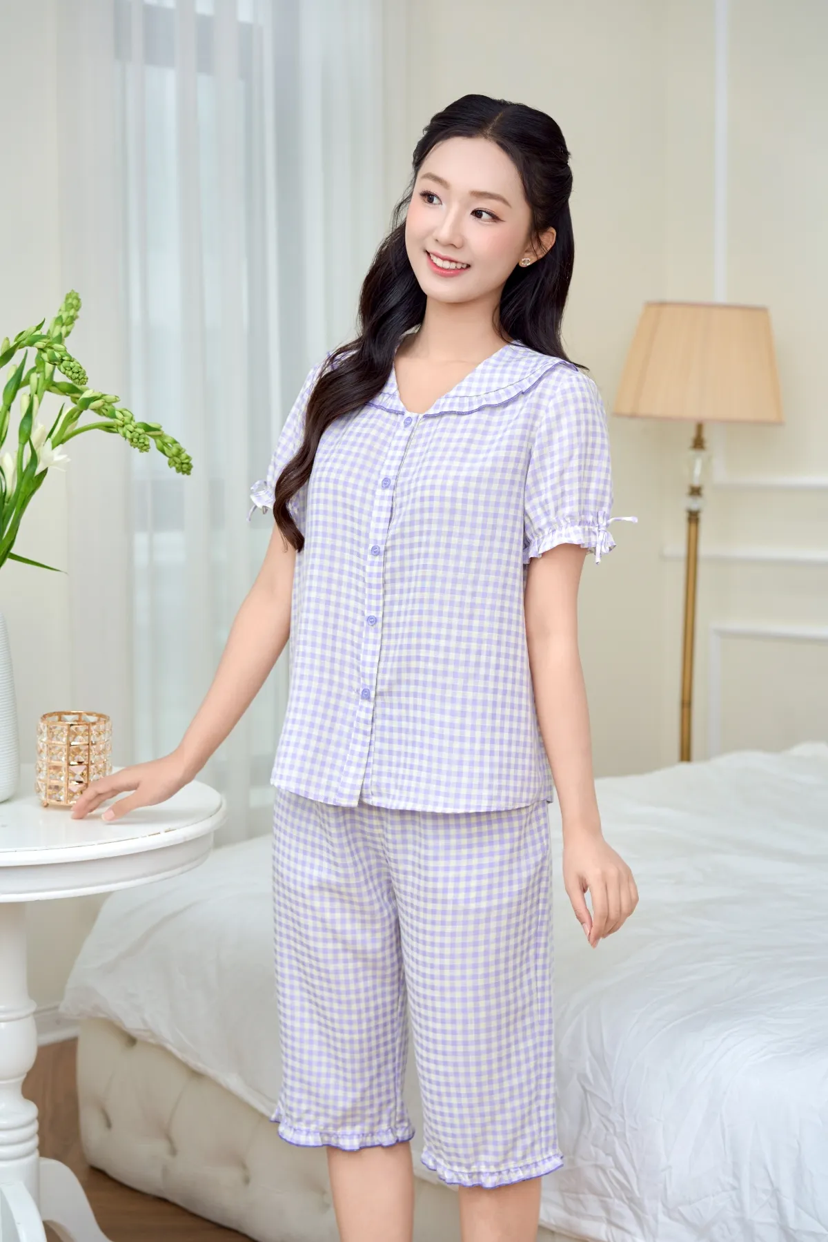 Bộ pijama nữ kate áo cộc quần ngố ST9349 M kẻ tím