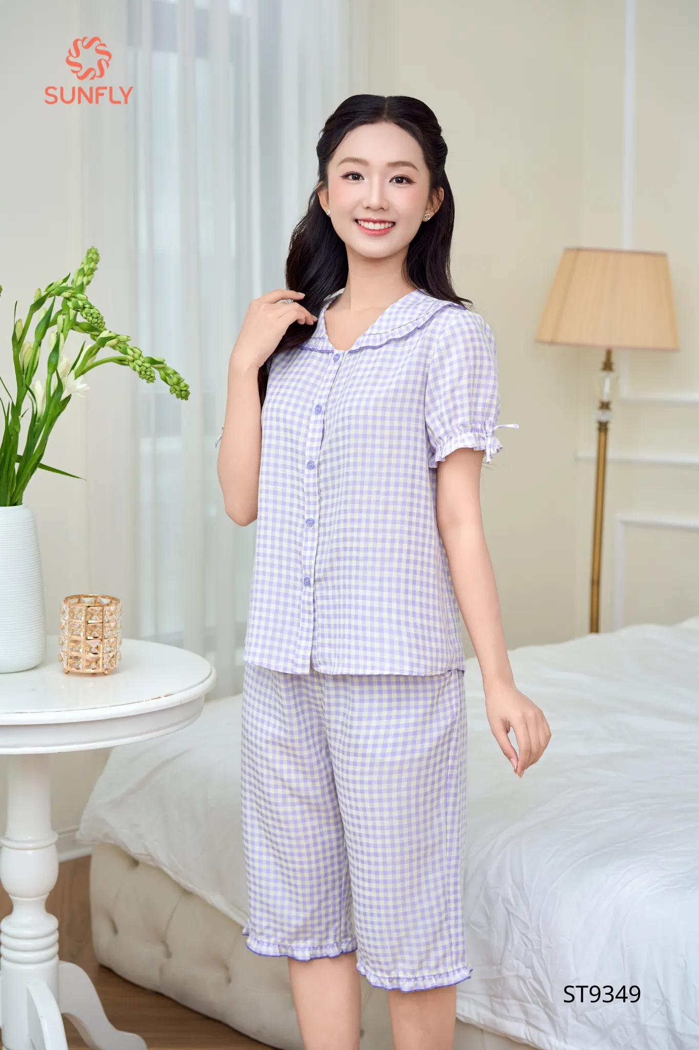 Bộ pijama nữ kate áo cộc quần ngố ST9349 S kẻ tím
