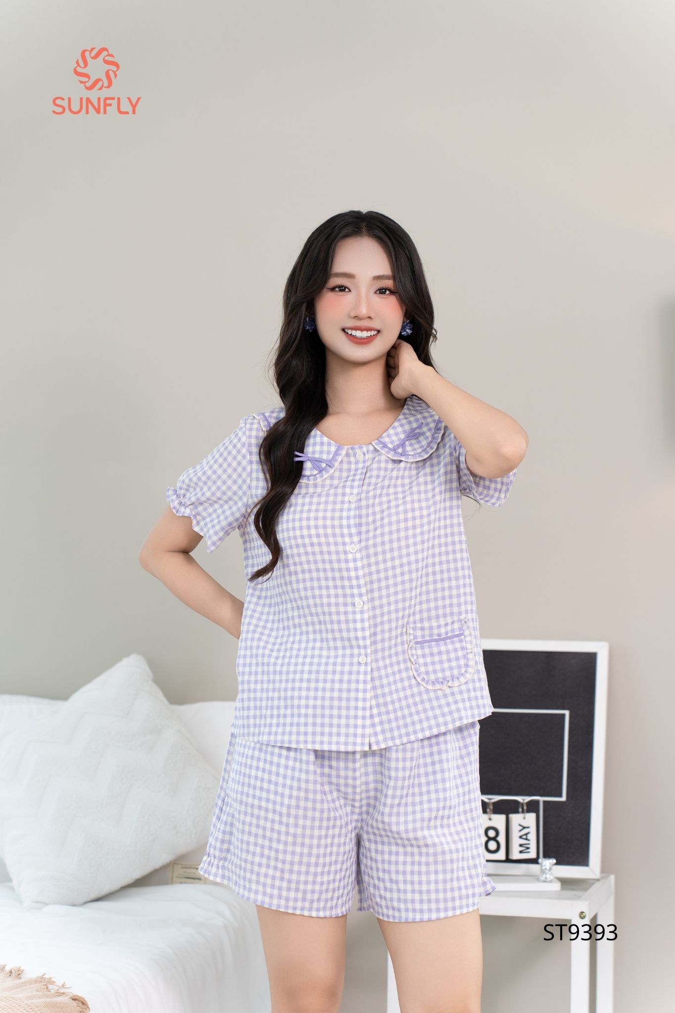 Bộ pijama nữ kate áo cộc quần sooc ST9393 L kẻ tím