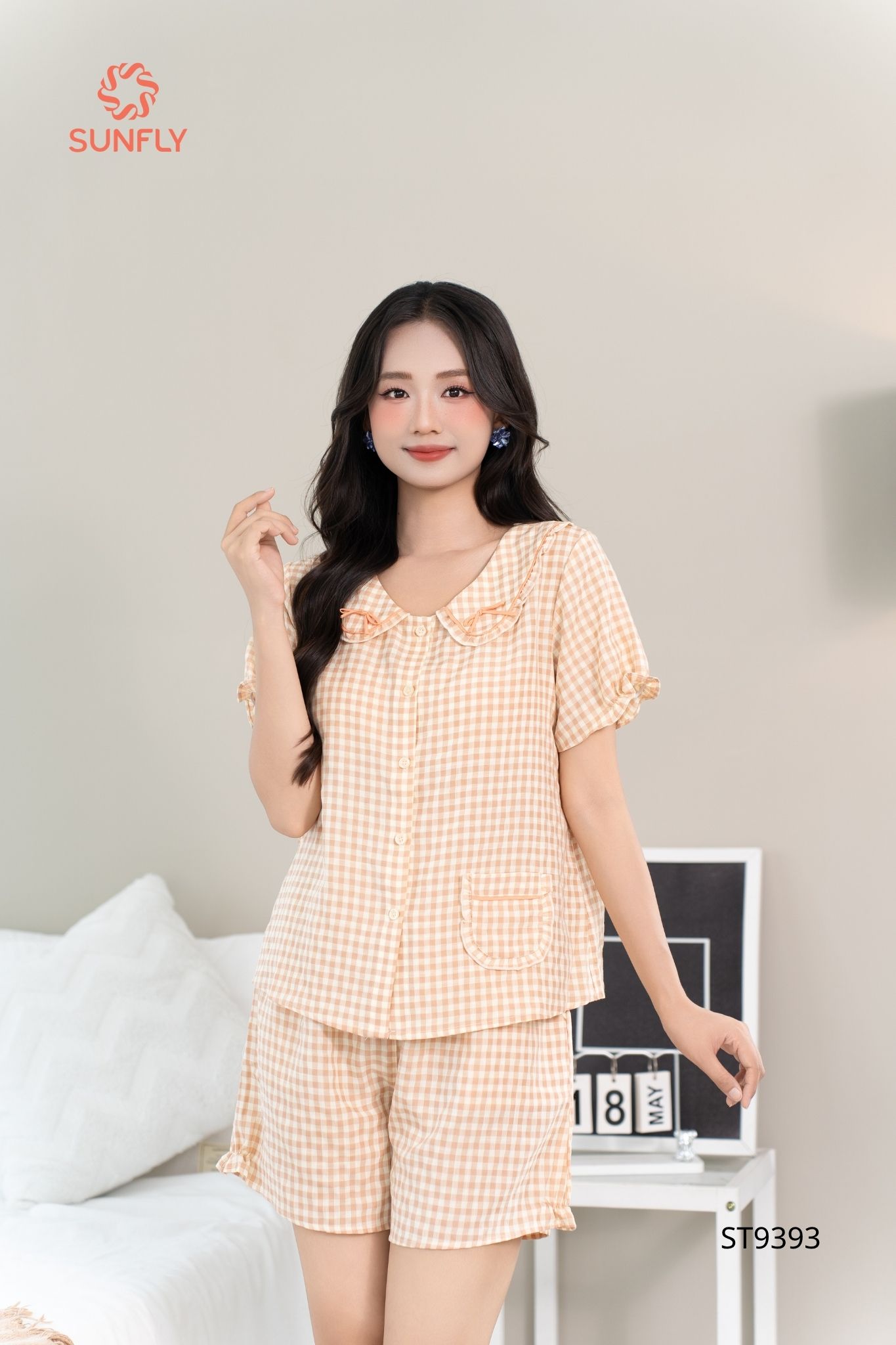Bộ pijama nữ kate áo cộc quần sooc ST9393 S kẻ cam