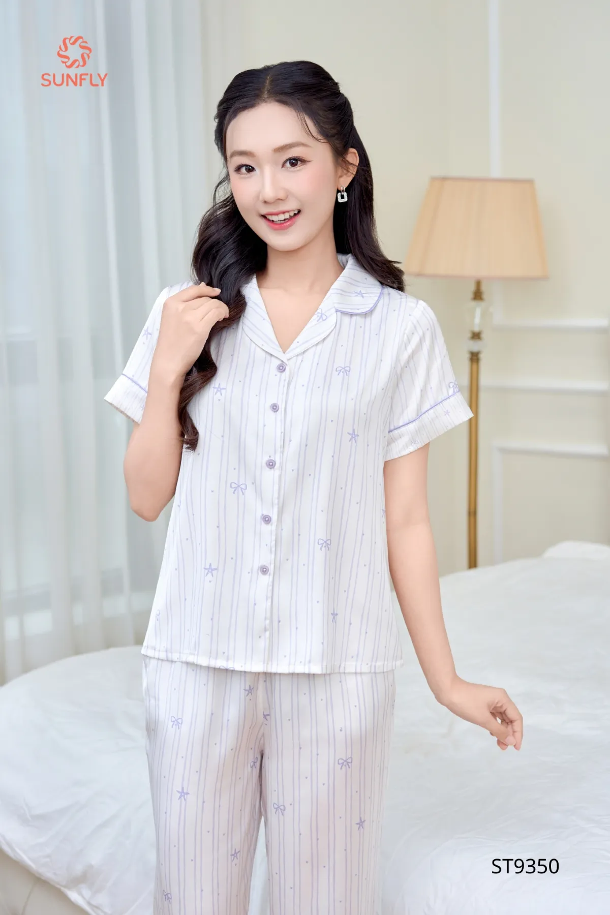 Bộ pijama nữ lụa latin áo cộc quần dài ST9350 S ht sao hoa tím