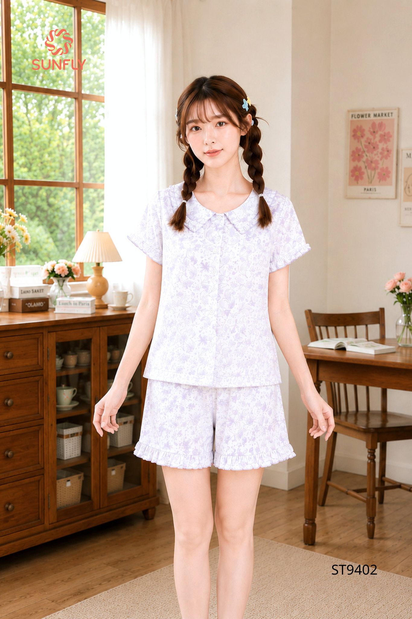 Bộ pijama nữ lụa latin áo cộc quần sooc ST9402 M ht hoa và sóc tím