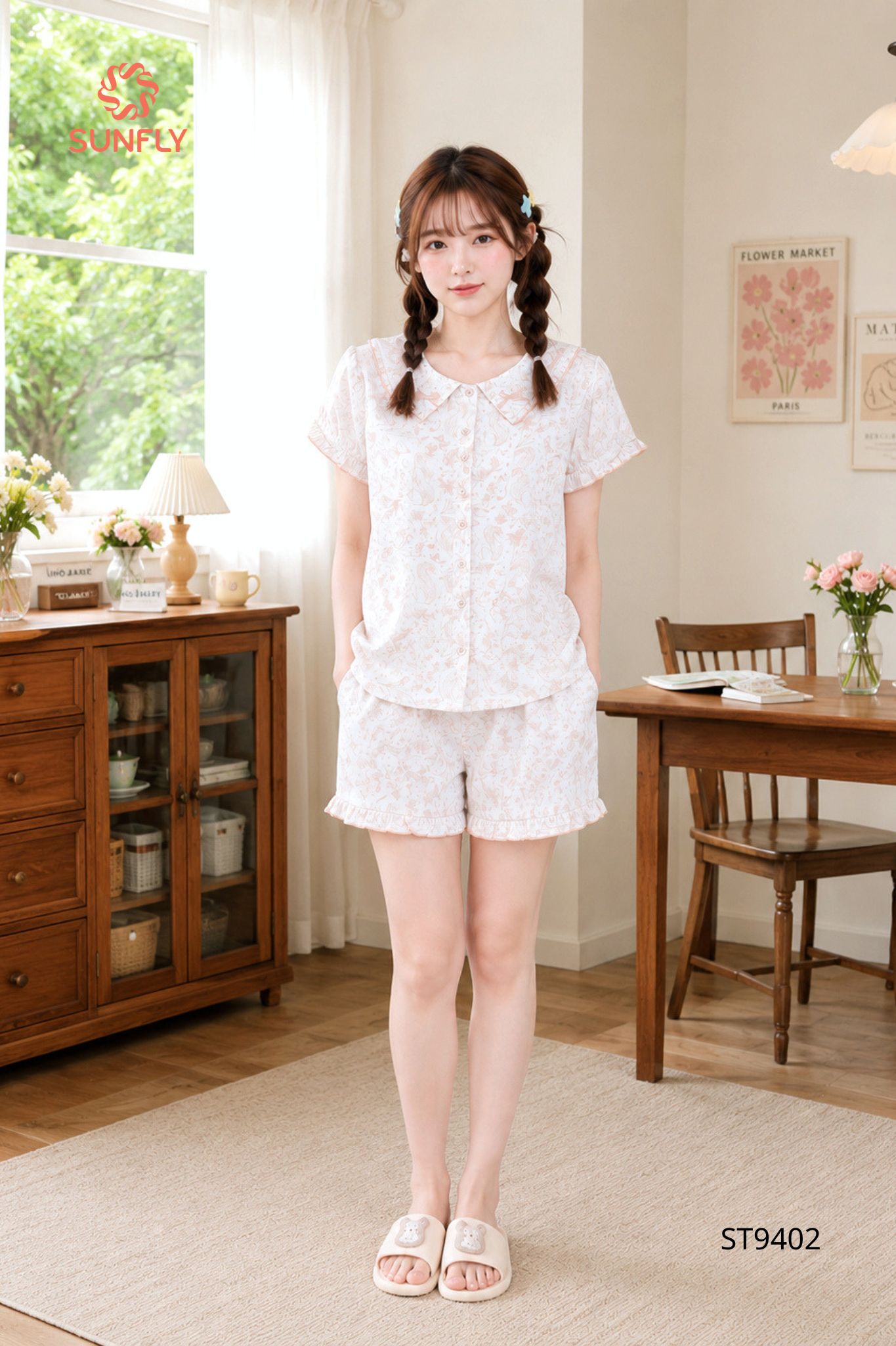 Bộ pijama nữ lụa latin áo cộc quần sooc ST9402