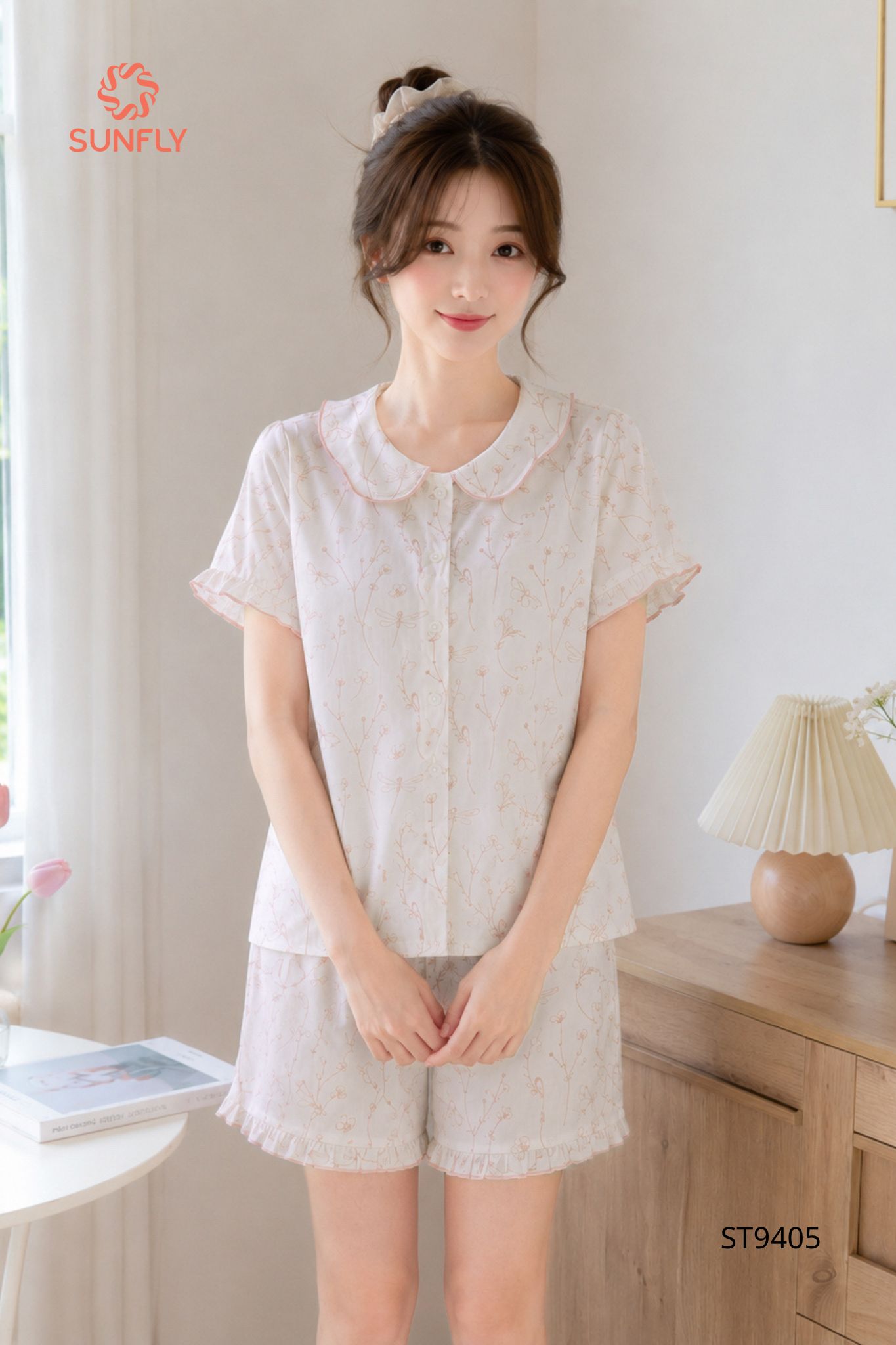 Bộ pijama nữ lụa latin áo cộc quần sooc ST9405 S chuồn chuồn hoa nâu