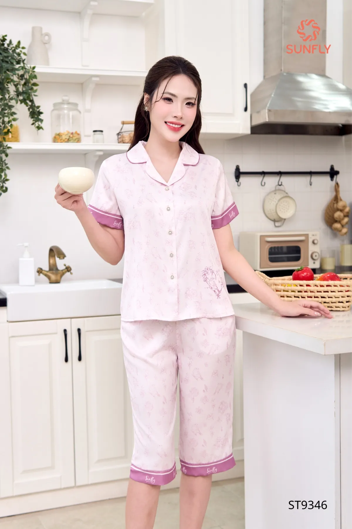Bộ pijama nữ lụa latin ht độc quyền áo cộc quần ngố ST9346