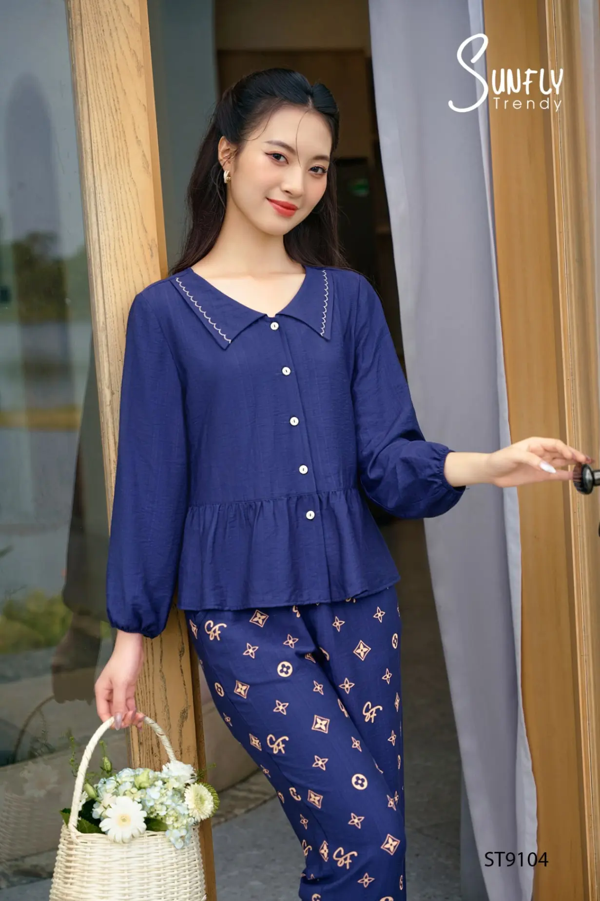 Bộ pijamas linen áo tay lỡ dài quần dài ST9104