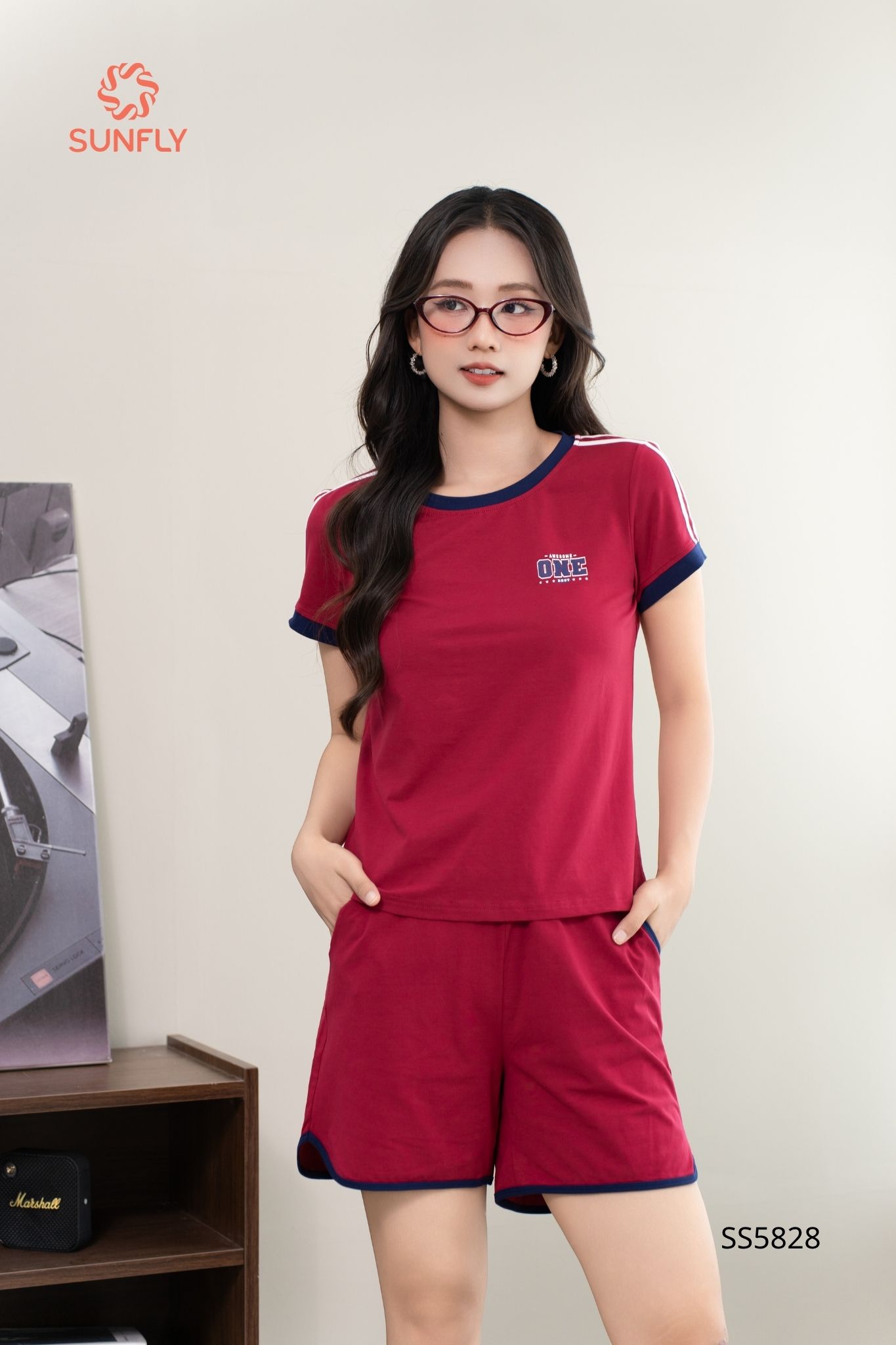 Bộ thể thao nữ cotton USA áo cộc quần sooc SS5828 XL đỏ rumba