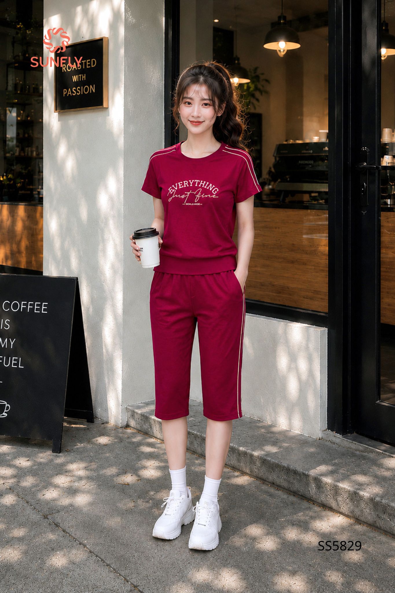 Bộ thể thao nữ cotton compact áo cộc quần ngố SS5829 XL đỏ rumba