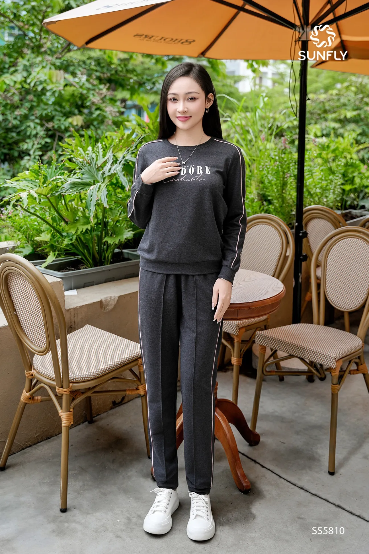 Bộ thể thao nữ cotton da cá áo dài quần dài bo gấu SS5810