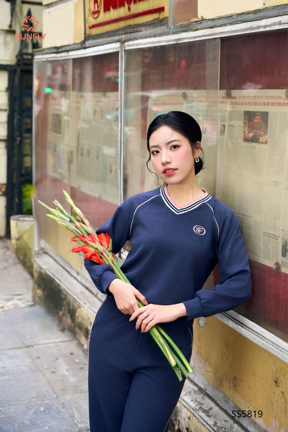 Bộ thể thao nữ poly cotton 2da áo dài quần dài SS5819 L xanh navy