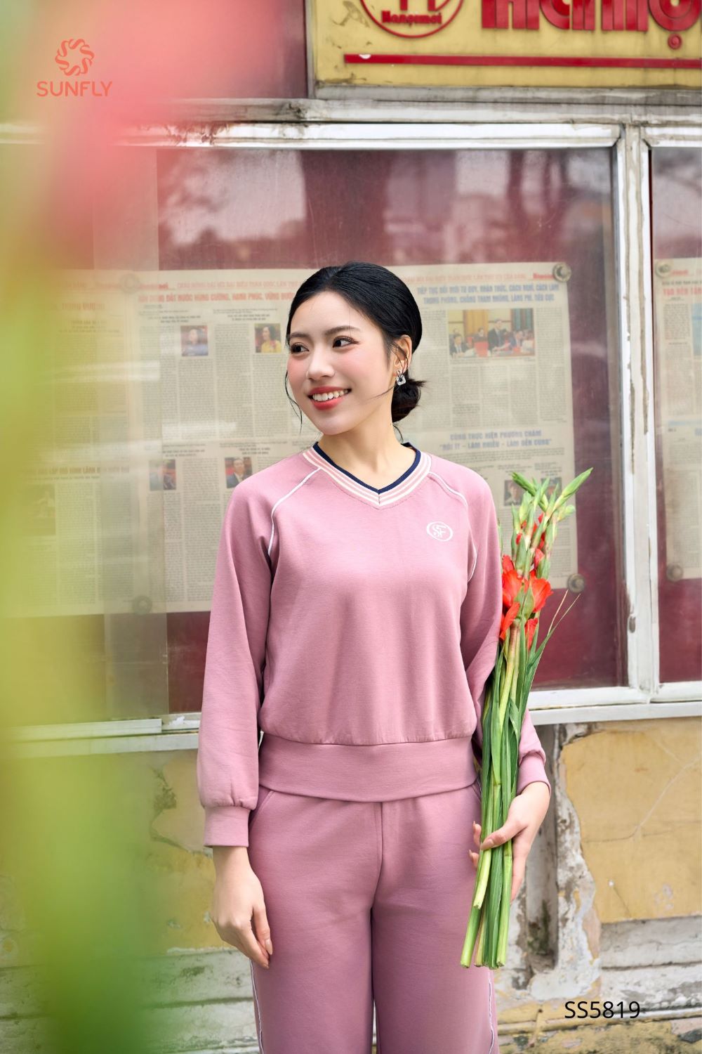 Bộ thể thao nữ poly cotton 2da áo dài quần dài SS5819 S hồng đỗ