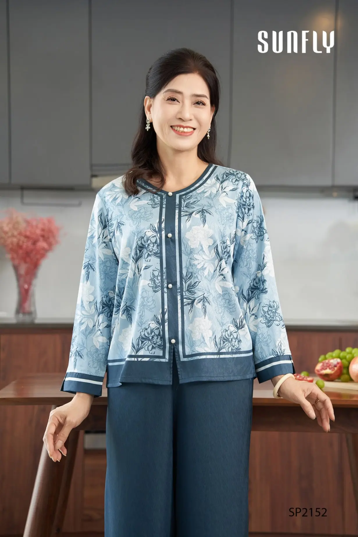 Đồ bộ mặc nhà lụa gấm áo tay lỡ dài quần dài SP2152
