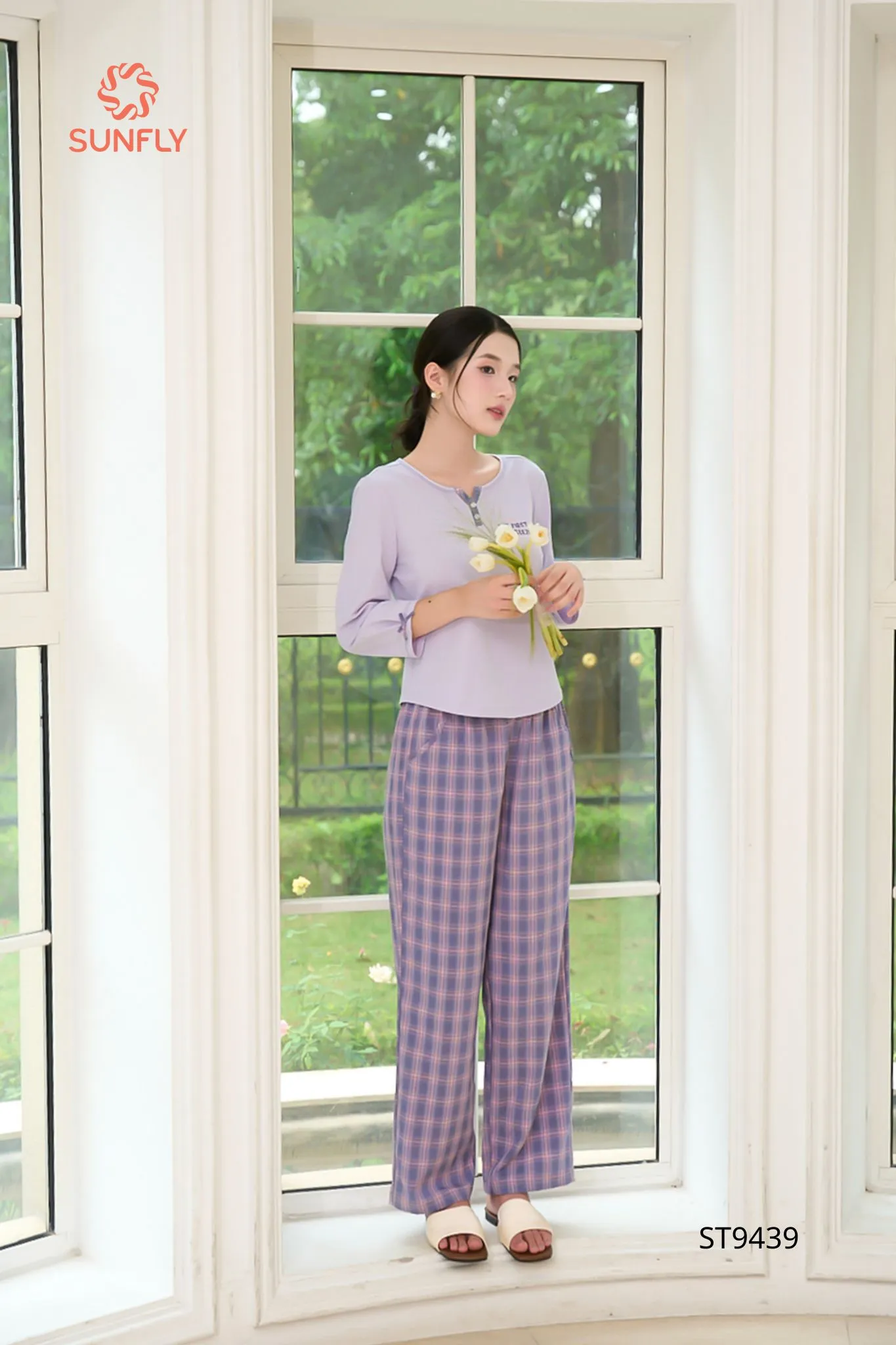 Đồ bộ mặc nhà nữ áo cotton compact tay lỡ quần dài kate ST9439