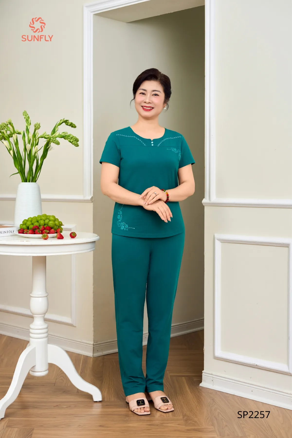 Đồ bộ mặc nhà nữ cotton USA áo cộc quần dài SP2257 XXL xanh mòng két