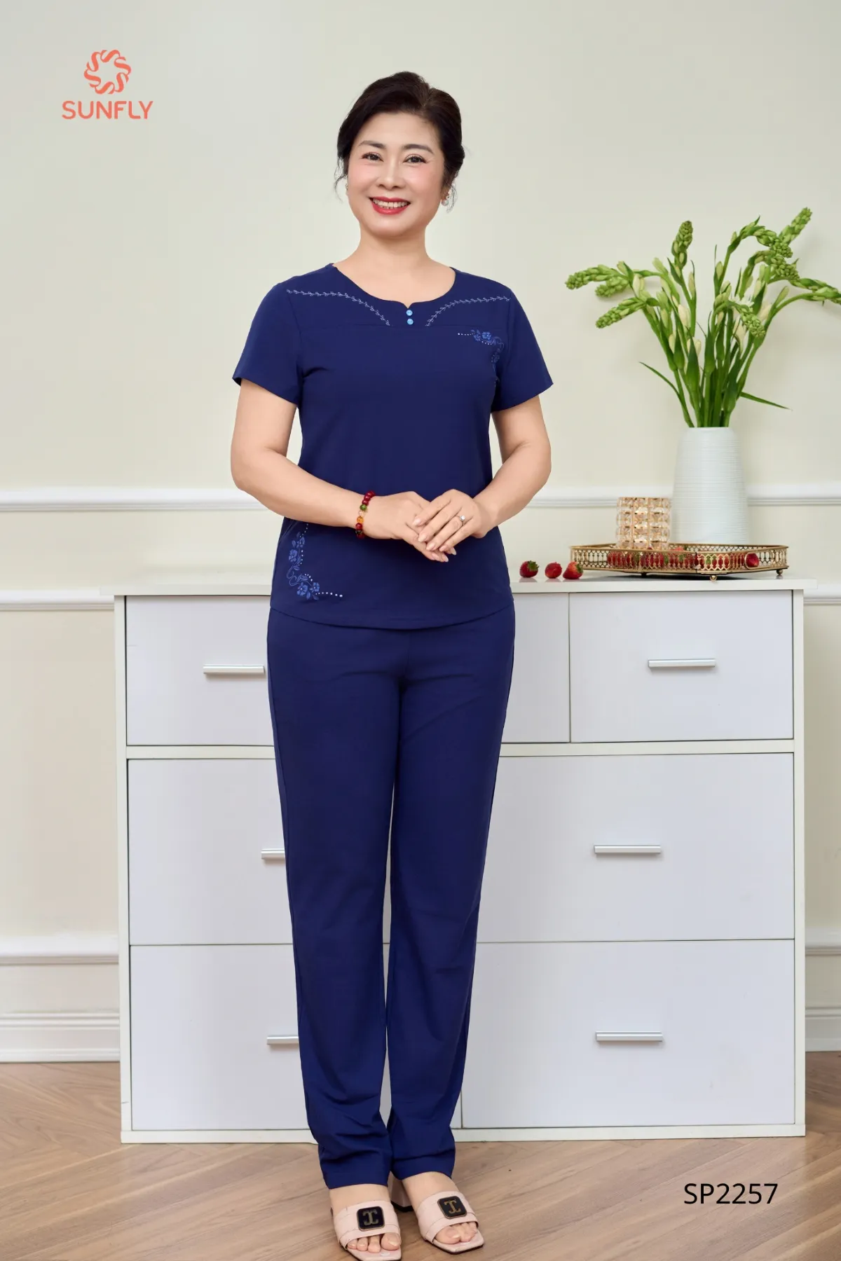 Đồ bộ mặc nhà nữ cotton USA áo cộc quần dài SP2257 XXL xanh tím than
