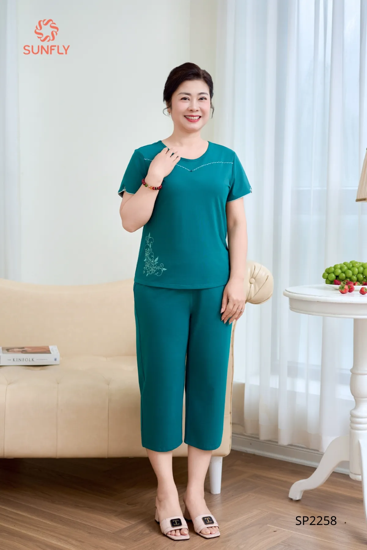 Đồ bộ mặc nhà nữ cotton USA áo cộc quần ngố SP2258 XL xanh mòng két