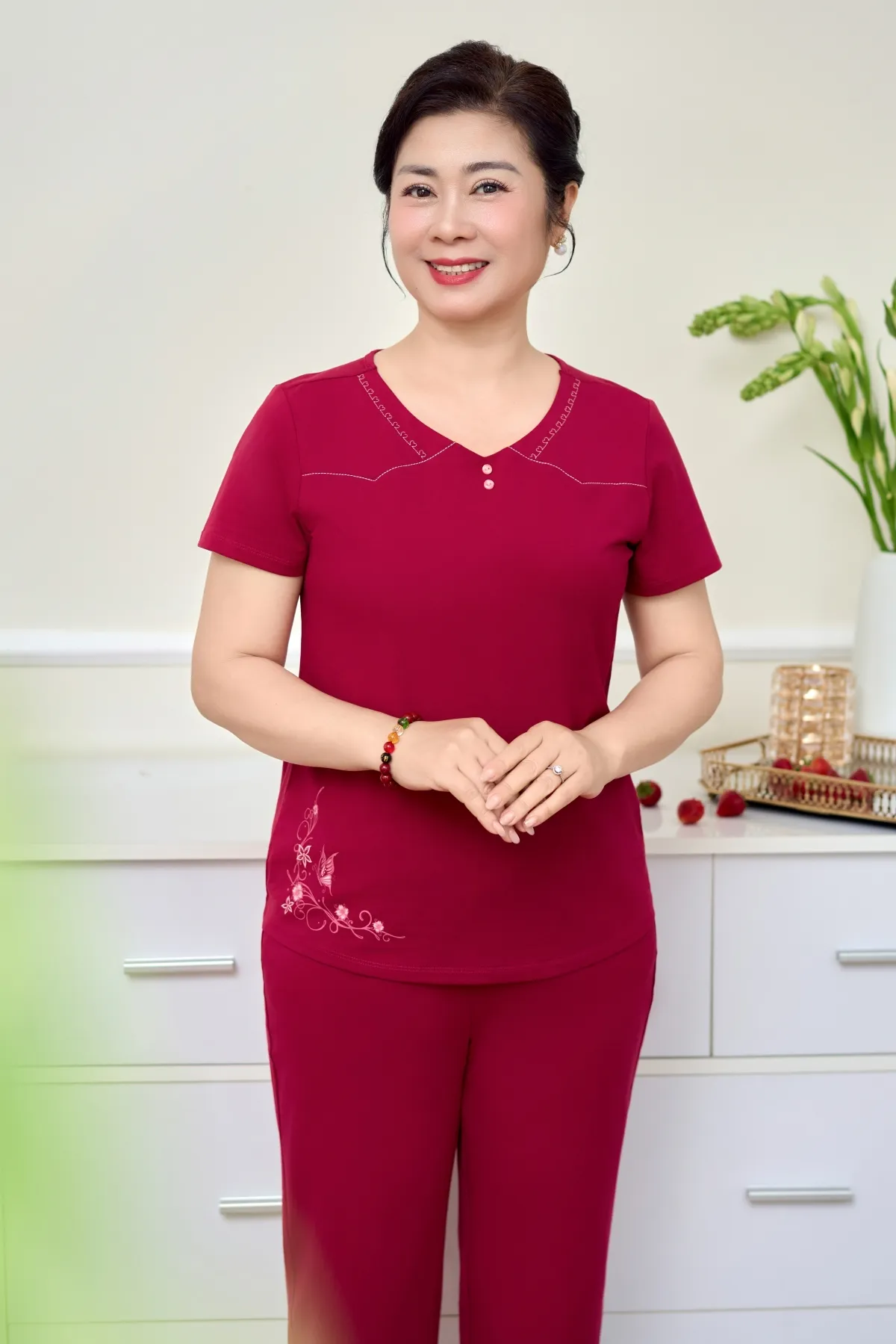 Đồ bộ mặc nhà nữ cotton USA áo cộc quần ngố SP2259 L đỏ rumba