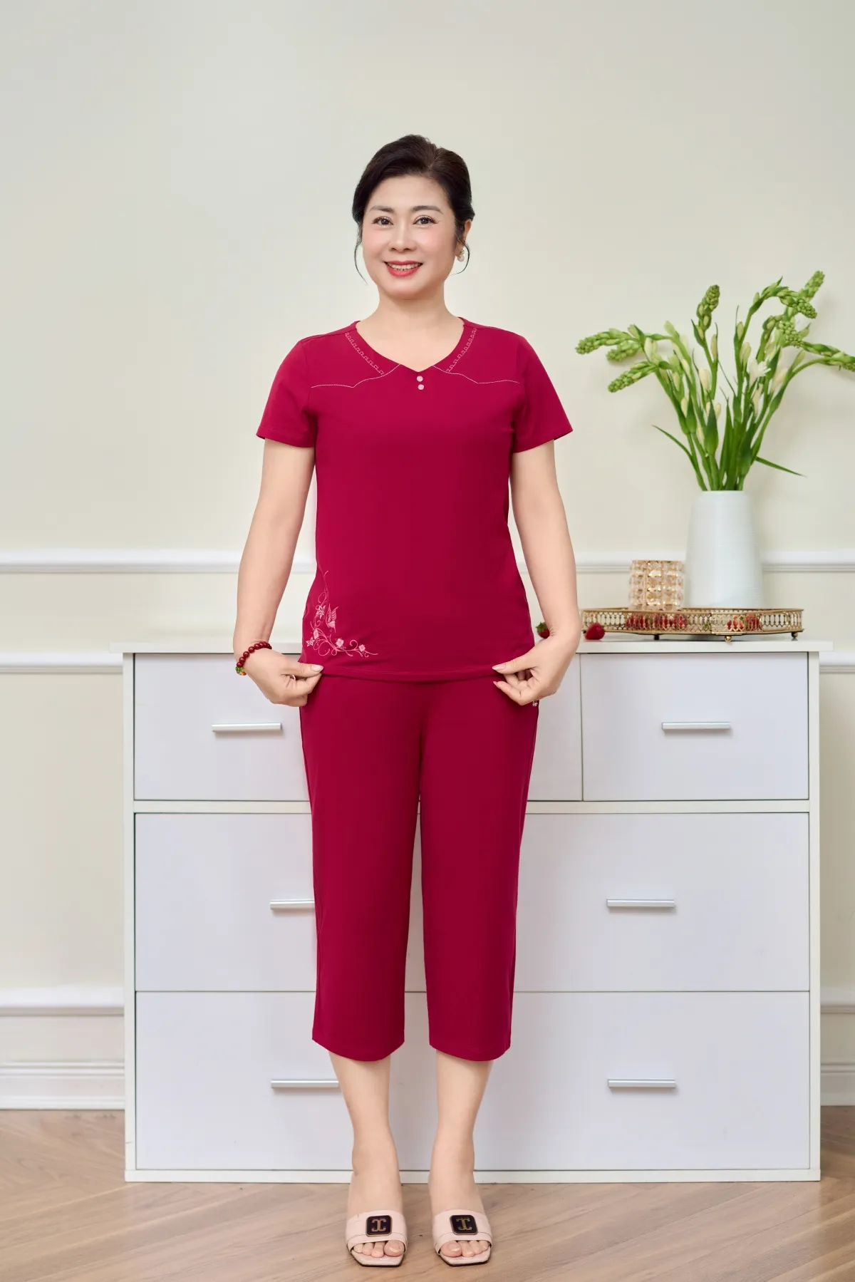 Đồ bộ mặc nhà nữ cotton USA áo cộc quần ngố SP2259 M đỏ rumba