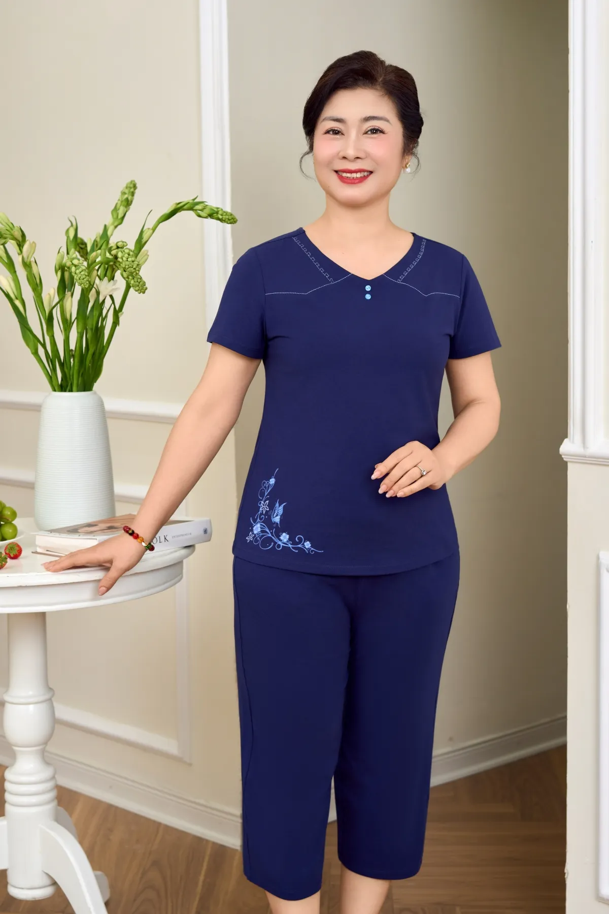 Đồ bộ mặc nhà nữ cotton USA áo cộc quần ngố SP2259 XL xanh tím than