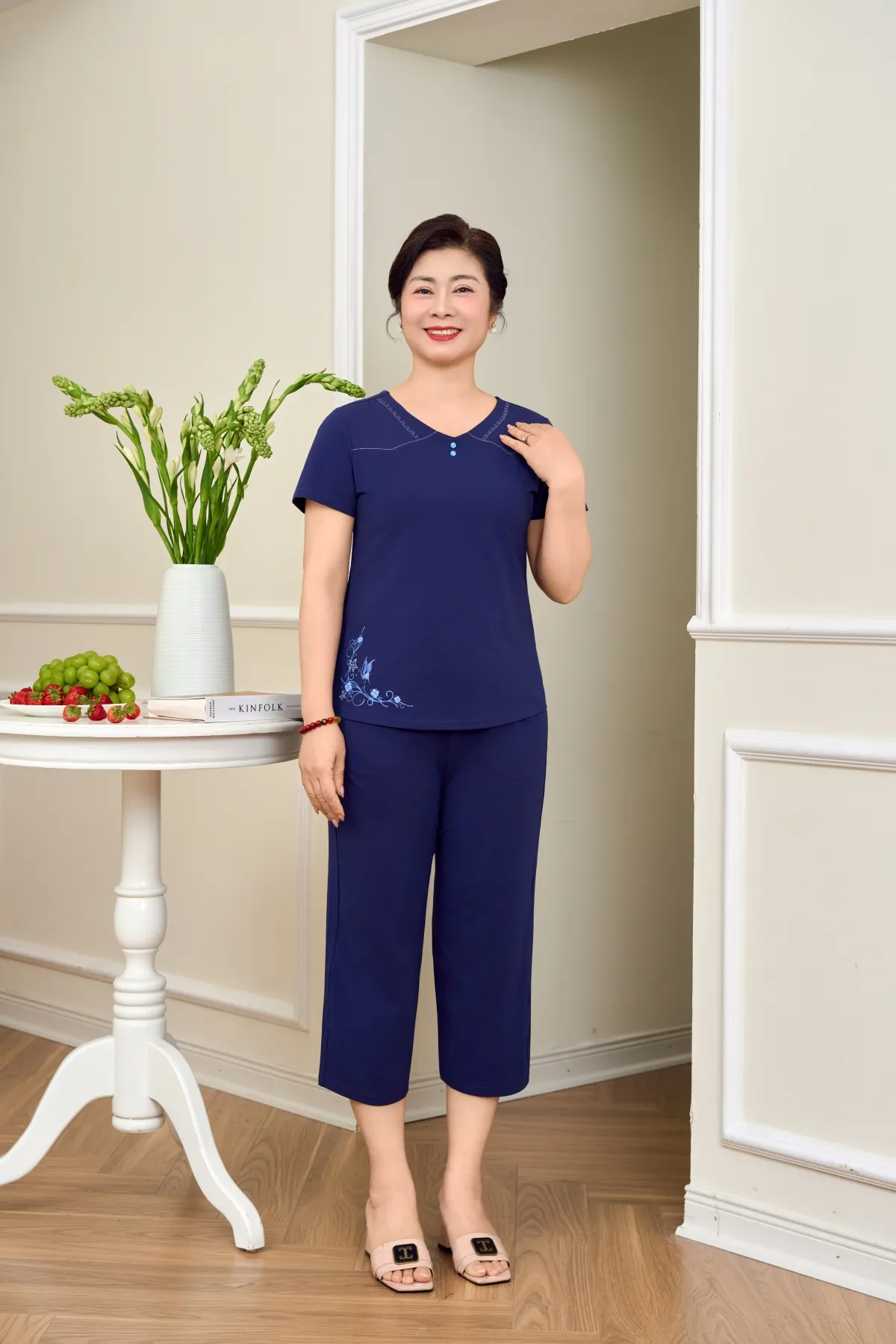Đồ bộ mặc nhà nữ cotton USA áo cộc quần ngố SP2259 XXL xanh tím than