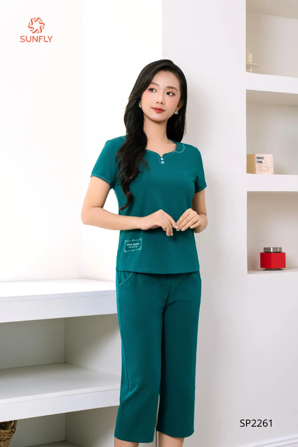 Đồ bộ mặc nhà nữ cotton USA áo cộc quần ngố SP2261 L xanh mòng két